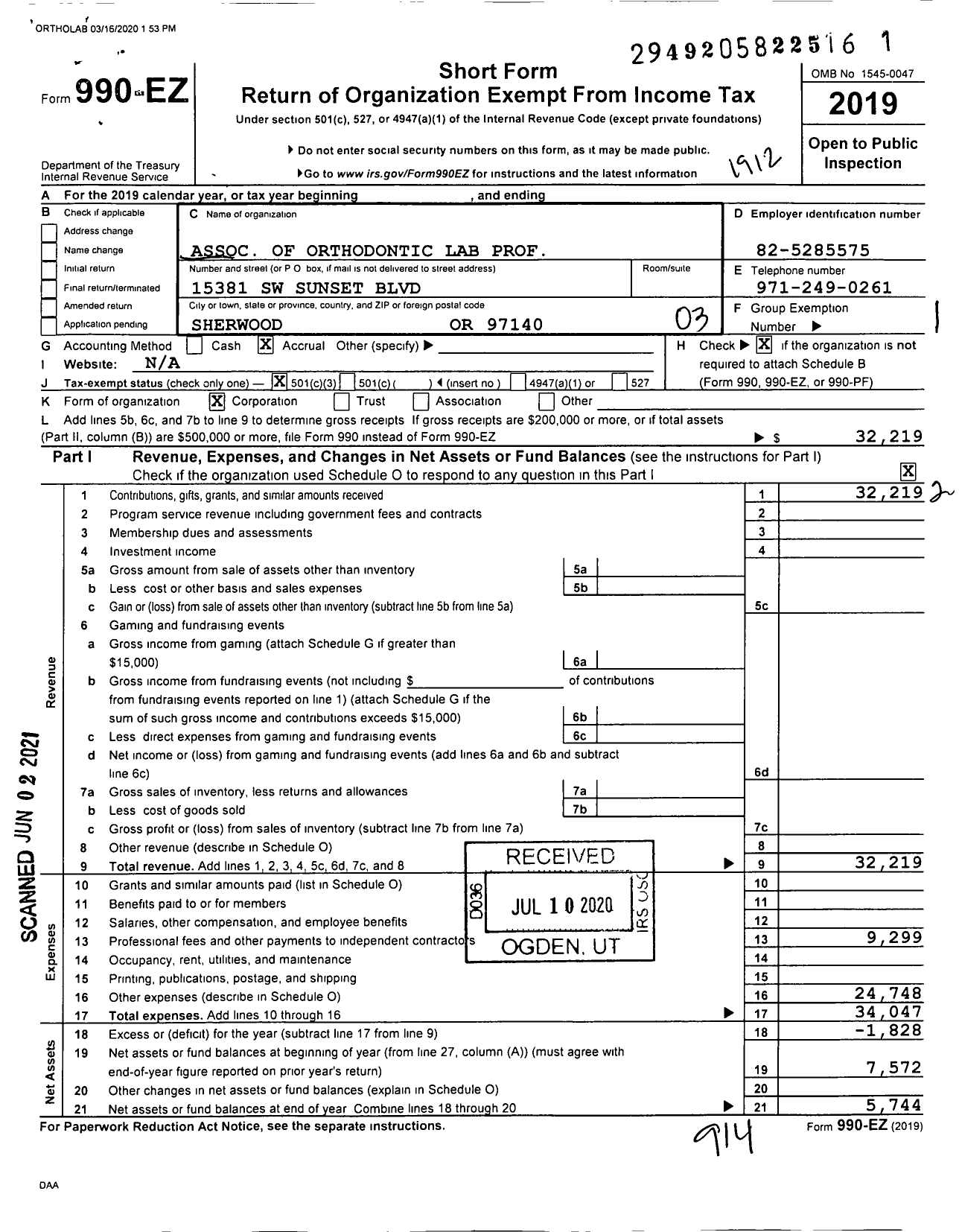 Image of first page of 2019 Form 990EZ for Association of Orthodontic Lab Professionals