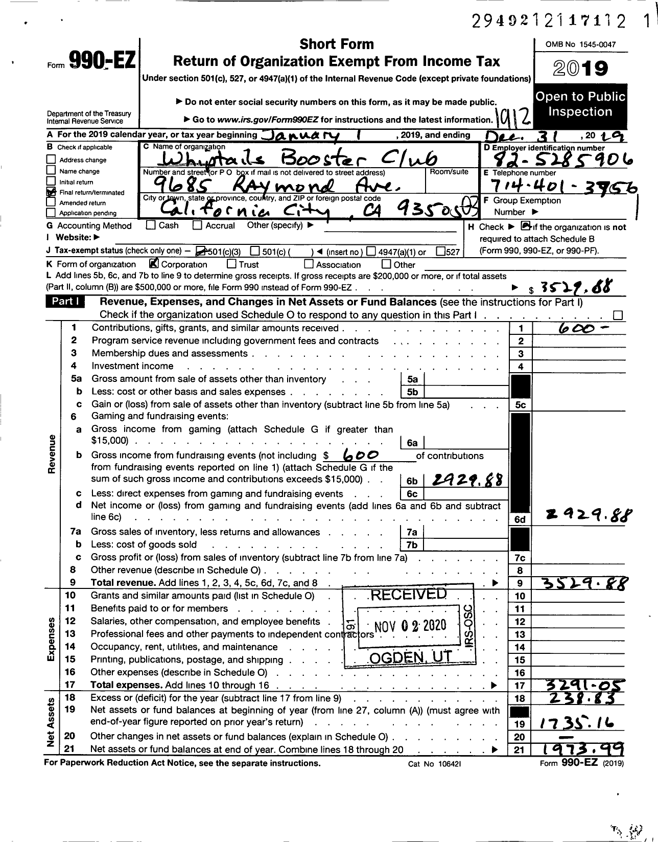 Image of first page of 2019 Form 990EZ for Whiptails Booster Club