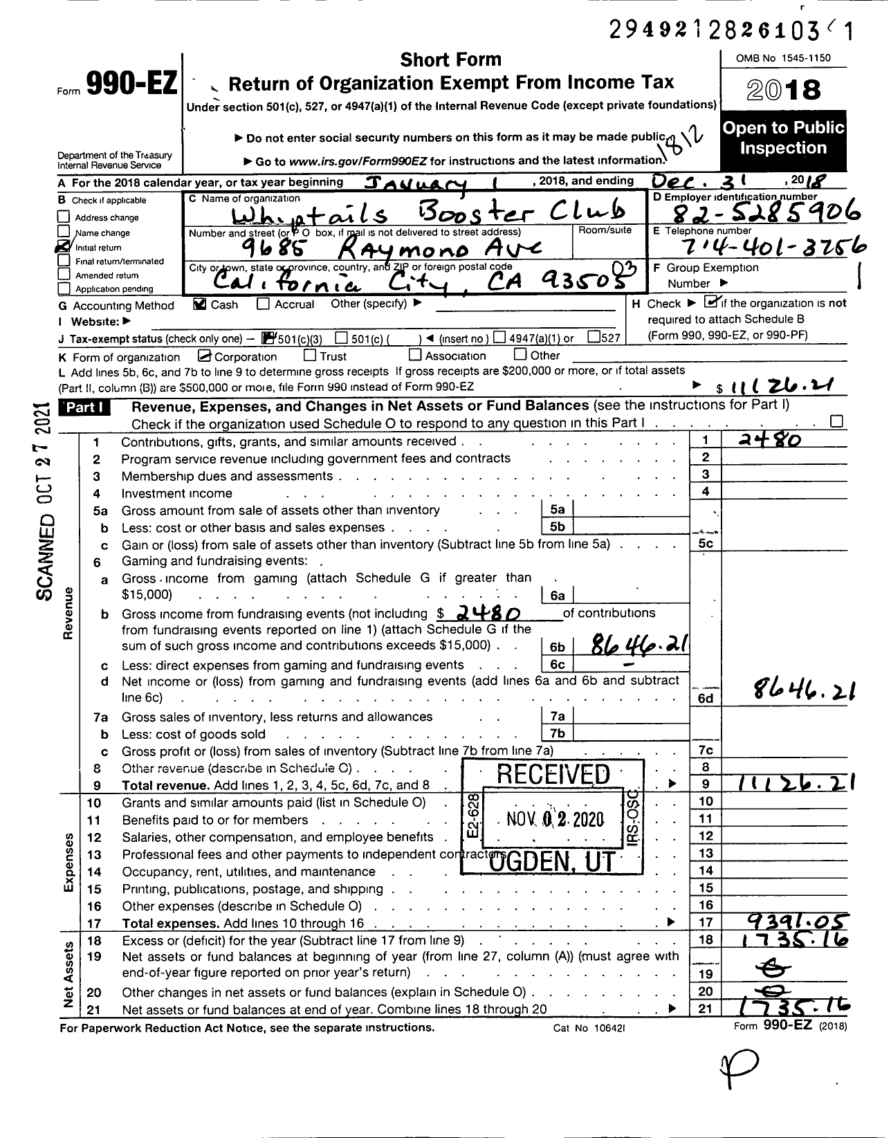 Image of first page of 2018 Form 990EZ for Whiptails Booster Club