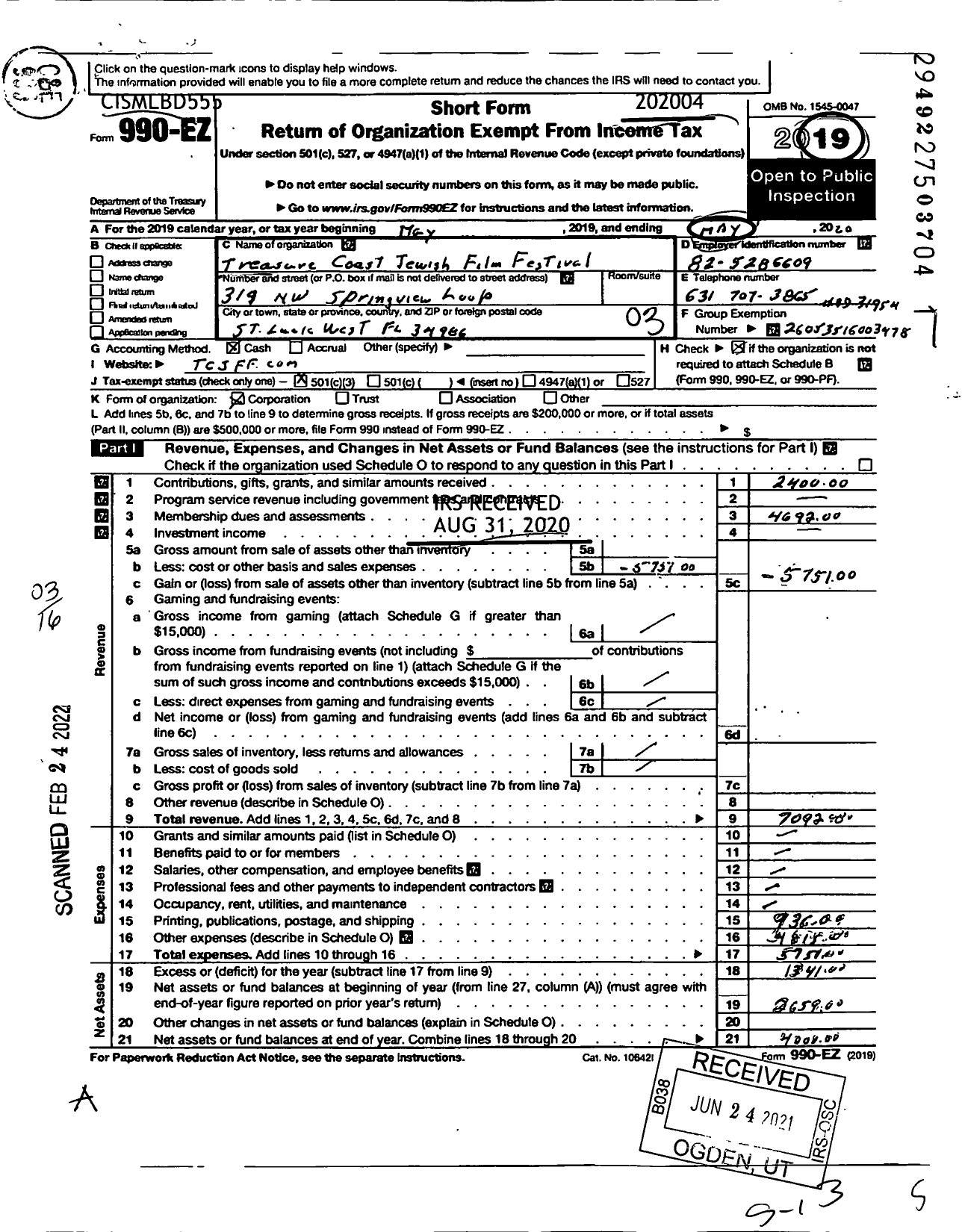 Image of first page of 2019 Form 990EZ for Treasure Coast Film Festival Corporation