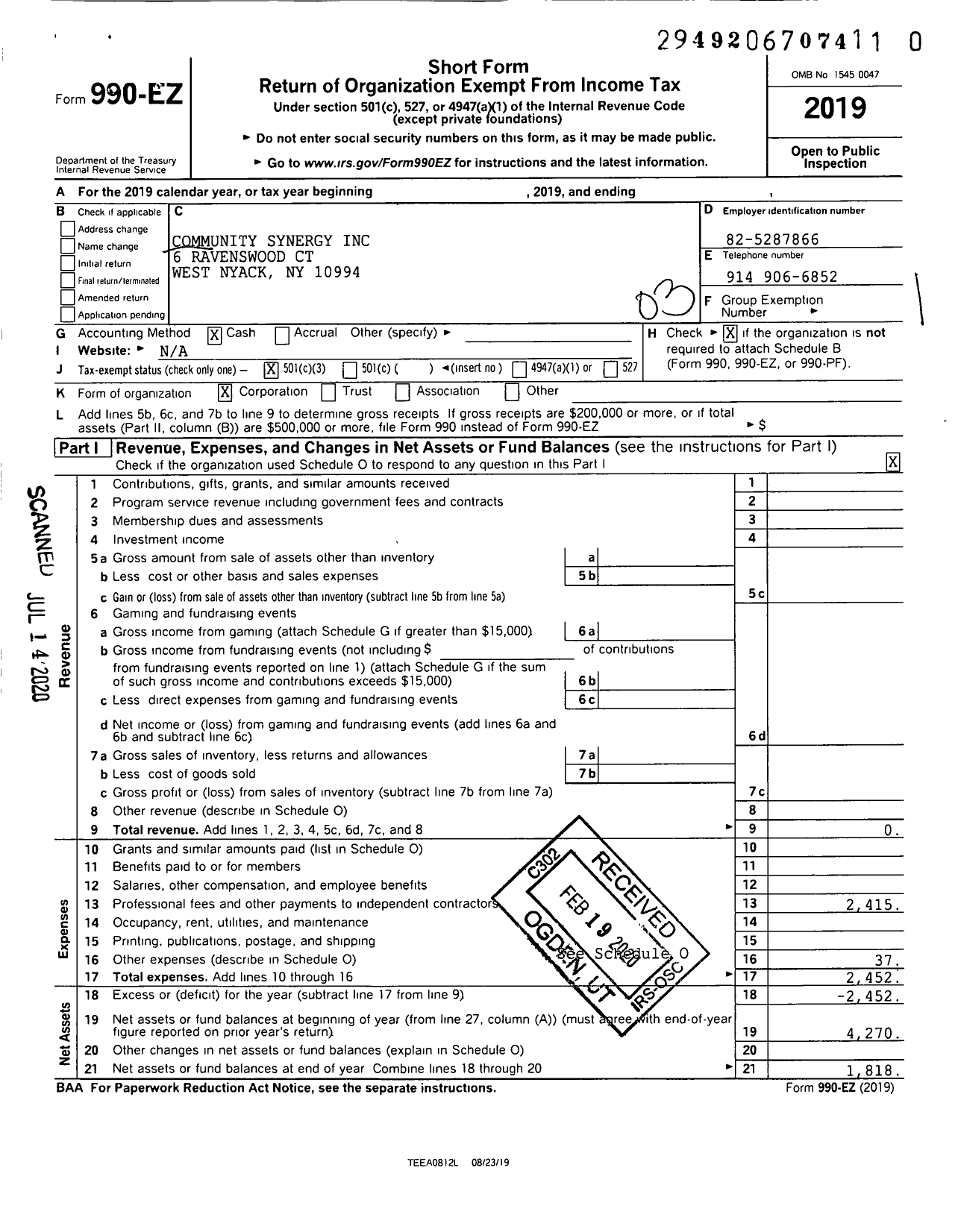 Image of first page of 2019 Form 990EZ for Community Synergy