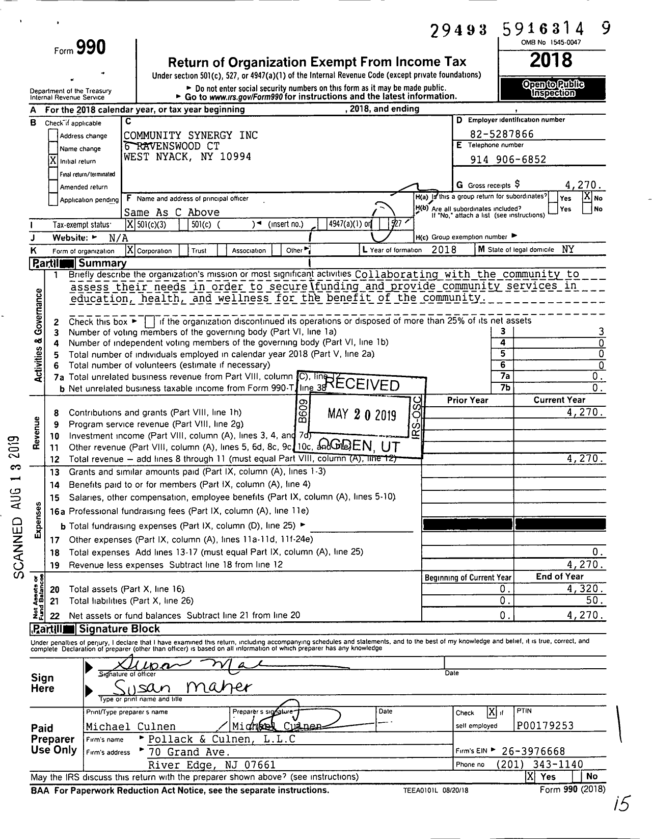 Image of first page of 2018 Form 990 for Community Synergy