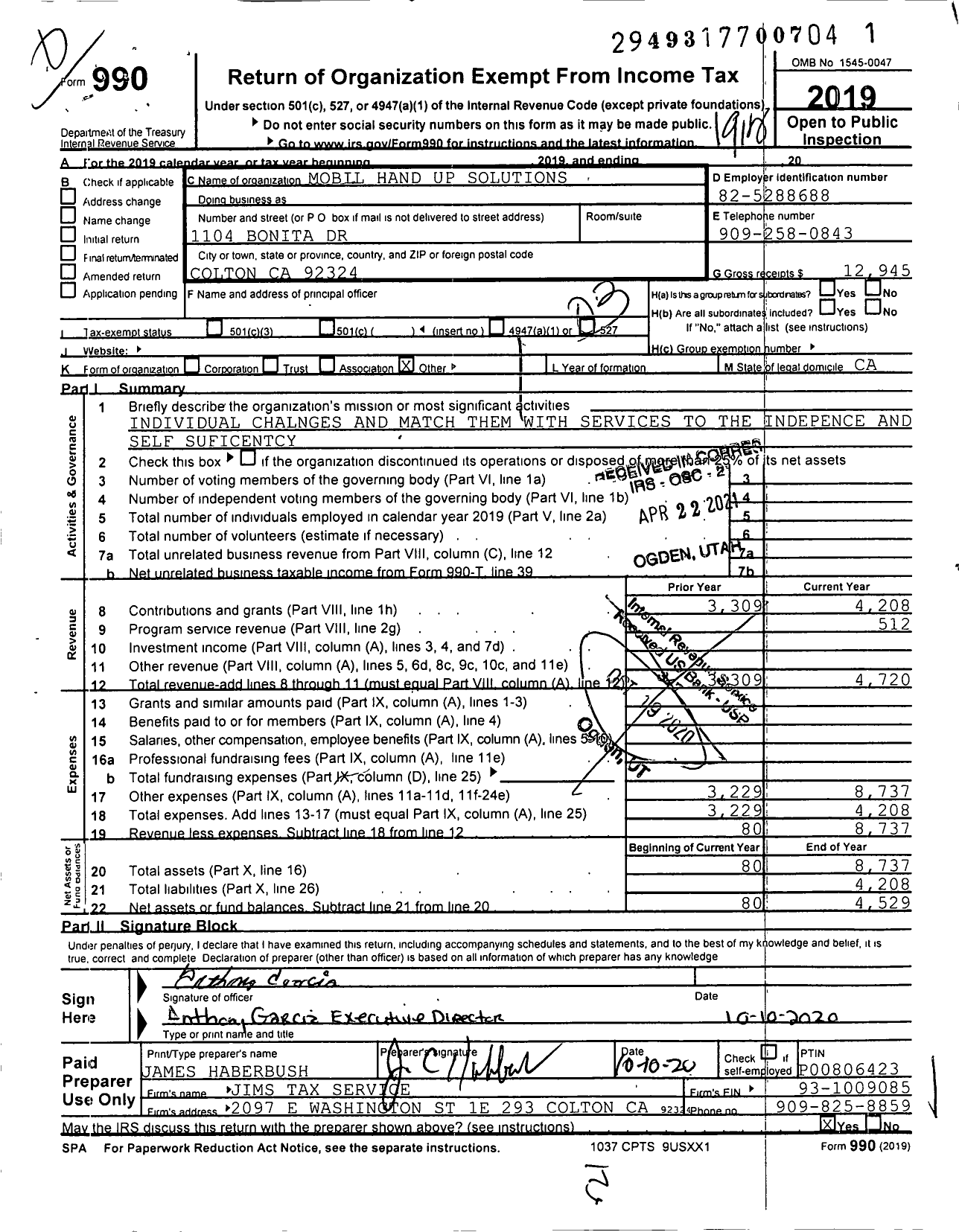 Image of first page of 2019 Form 990 for Mobile Hands on Solutions