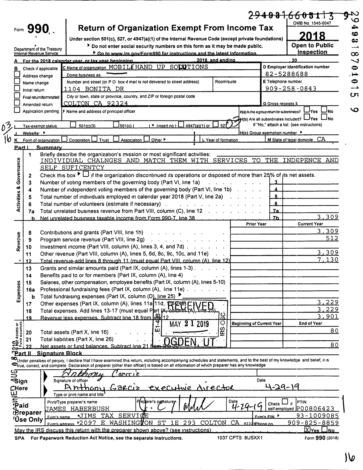 Image of first page of 2018 Form 990 for Mobile Hands on Solutions