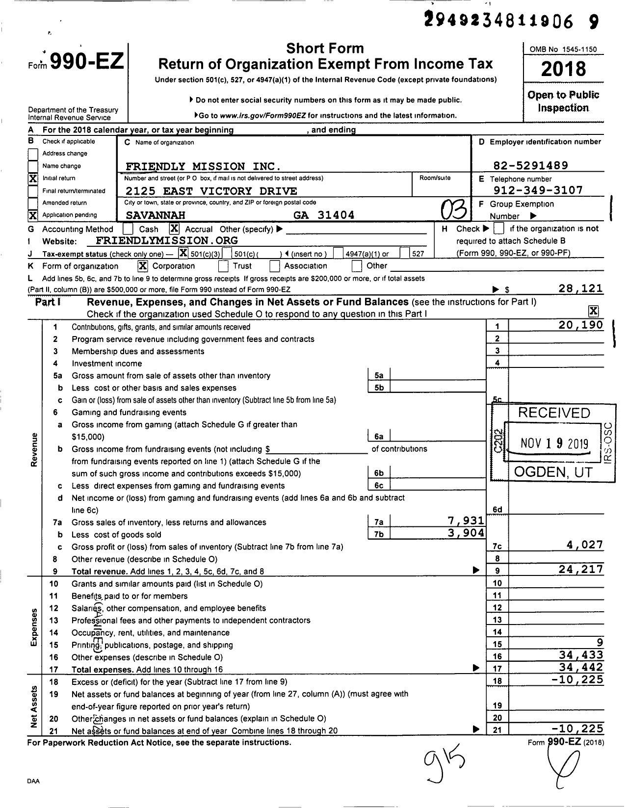 Image of first page of 2018 Form 990EZ for Friendly Mission