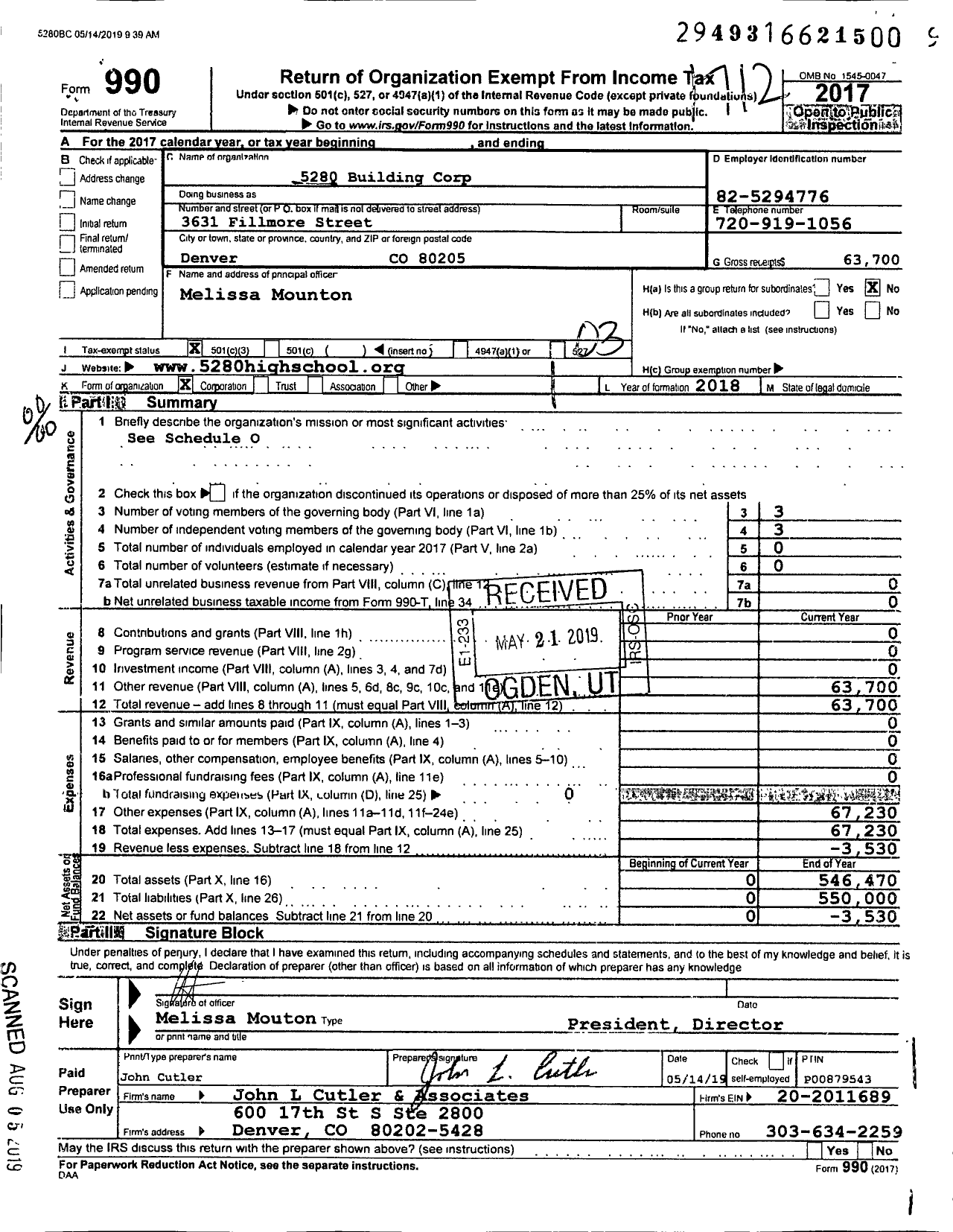 Image of first page of 2017 Form 990O for 5280 High School Building Corporation