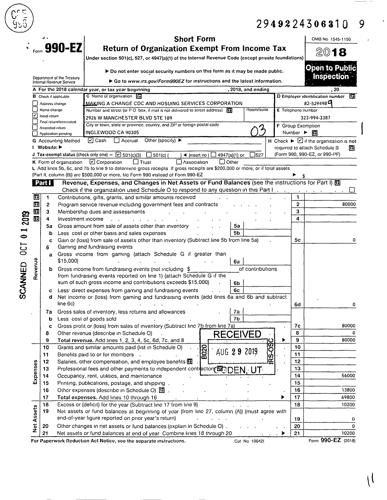 Image of first page of 2018 Form 990EZ for Making A Change CDC and Housing Services Corporation