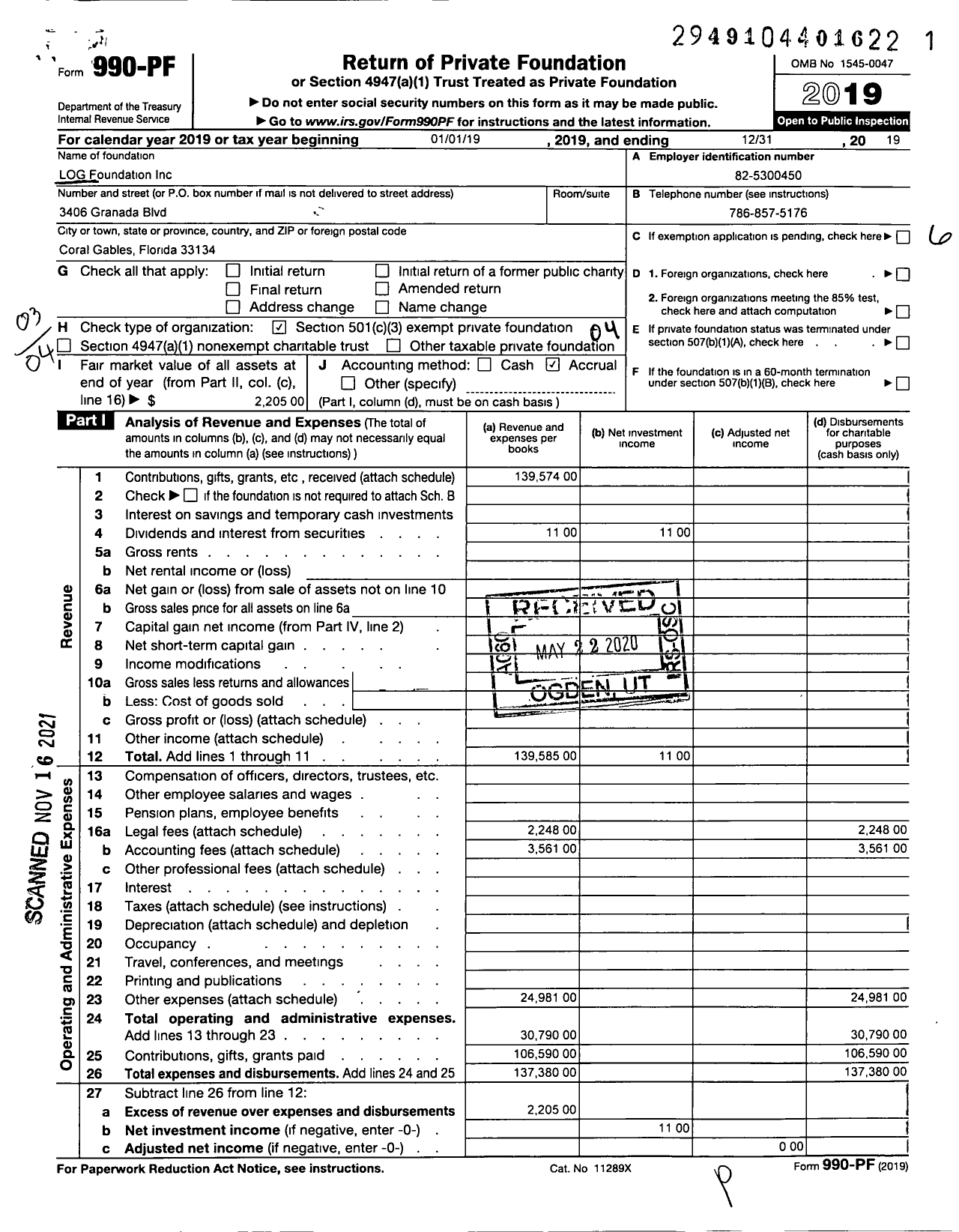 Image of first page of 2019 Form 990PF for LOG Foundation