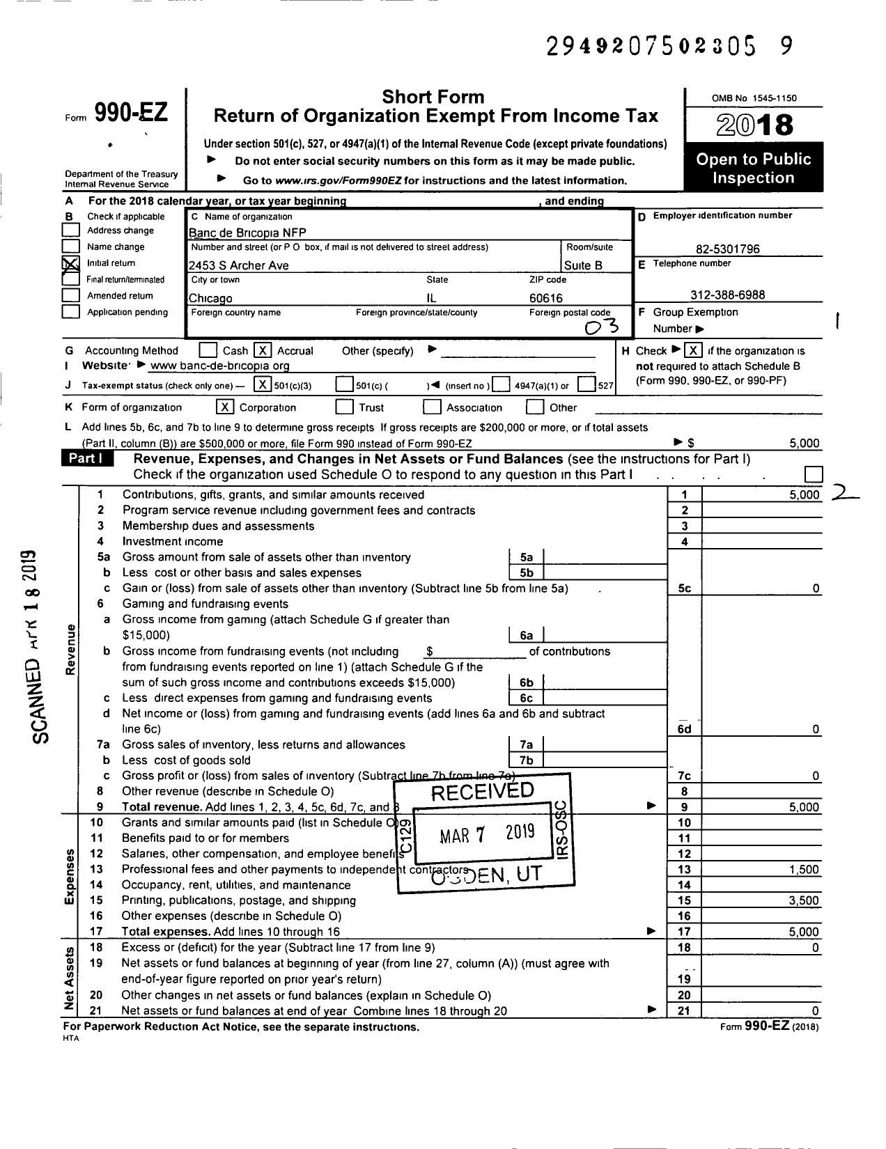 Image of first page of 2018 Form 990EZ for Banc de Bricopia NFP