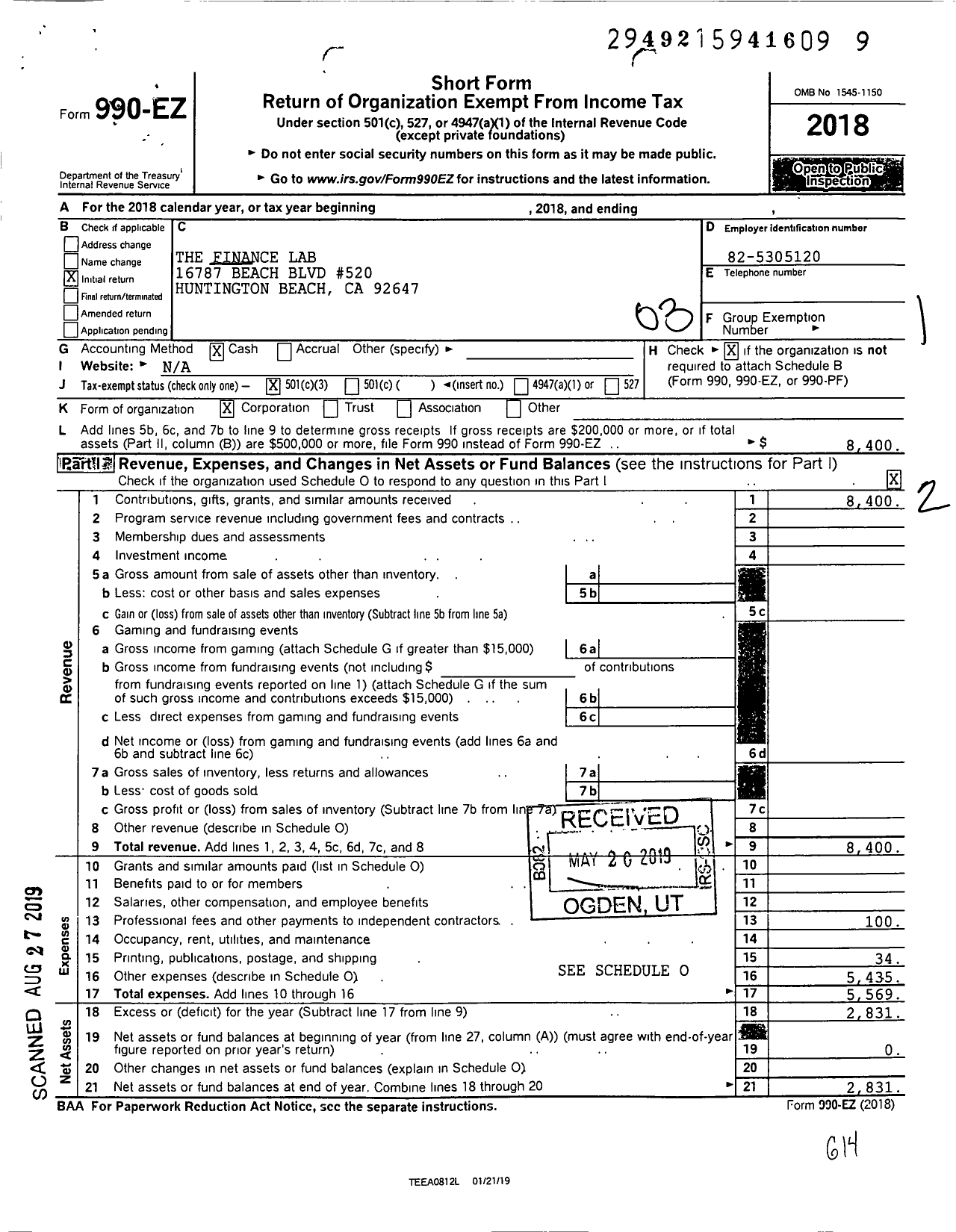 Image of first page of 2018 Form 990EZ for The Finance Lab