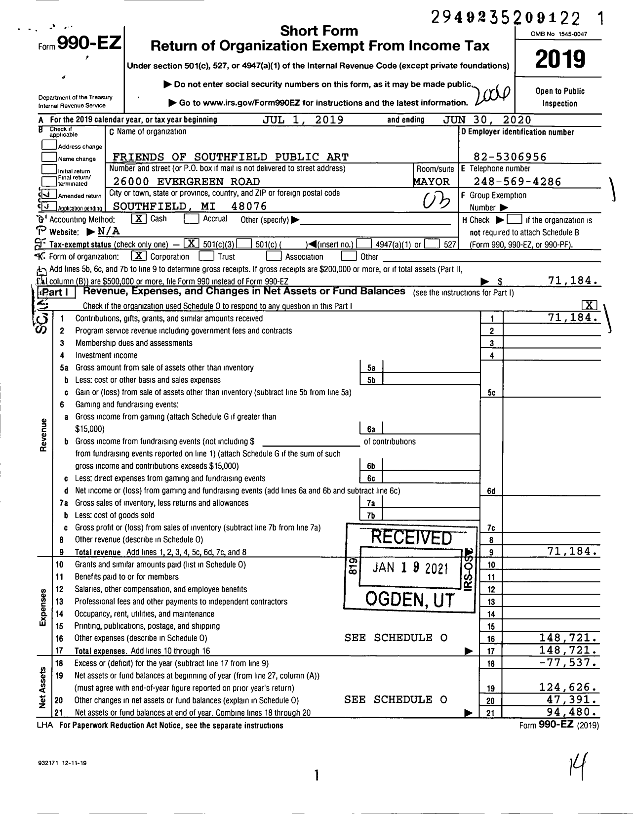 Image of first page of 2019 Form 990EZ for Friends of Southfield Public Art