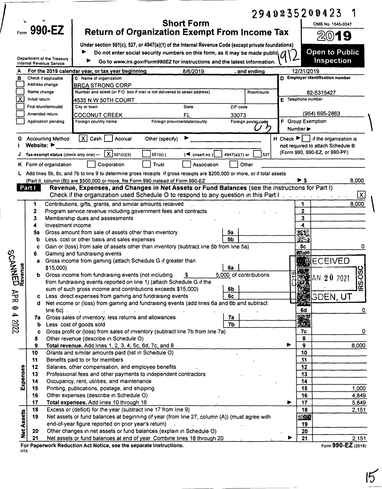 Image of first page of 2019 Form 990EZ for BRCAStrong Corp