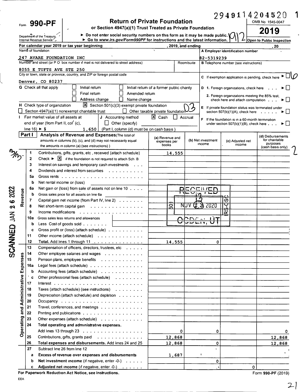 Image of first page of 2019 Form 990PF for 247 Avare Foundation