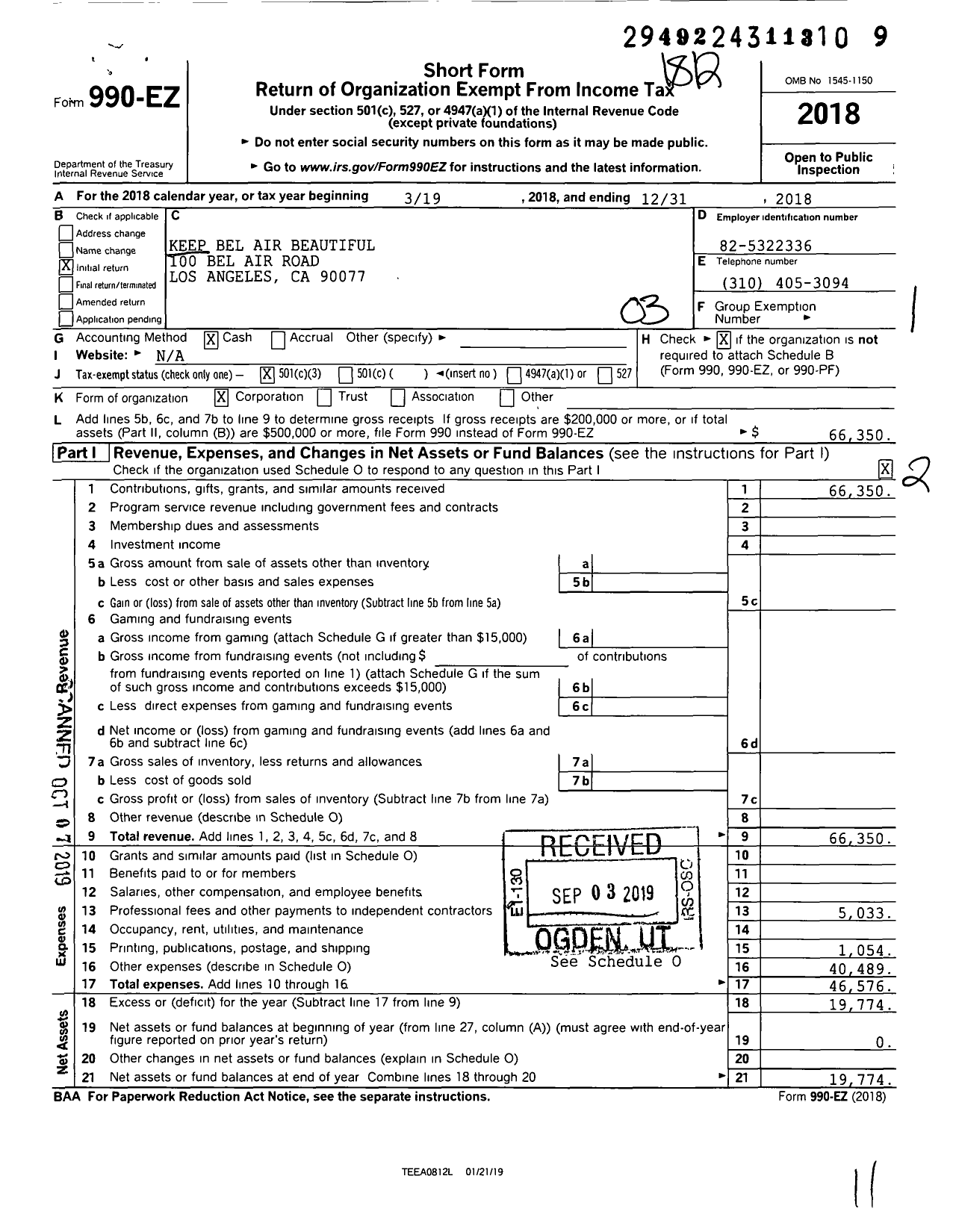 Image of first page of 2018 Form 990EZ for Keep Bel Air Beautiful