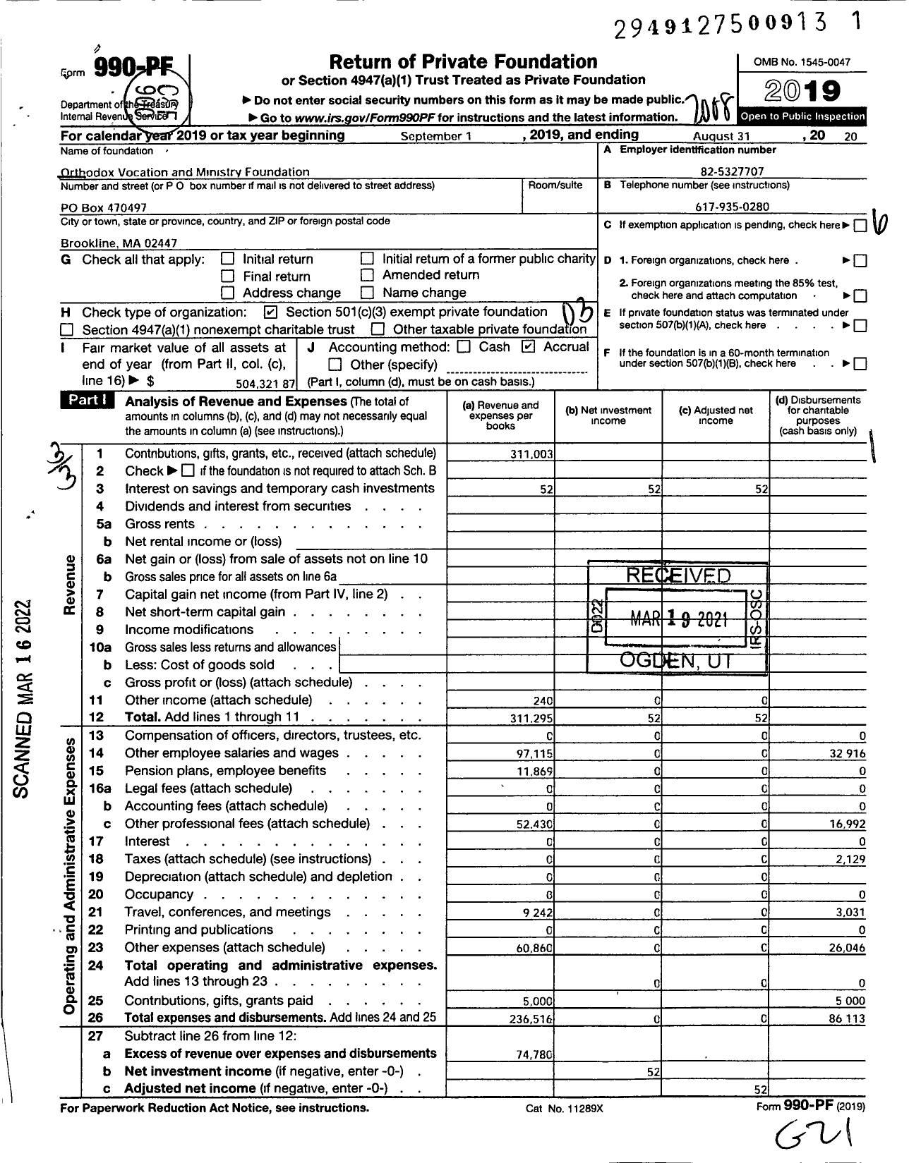 Image of first page of 2019 Form 990PF for Orthodox Vocation and Ministry Foundation