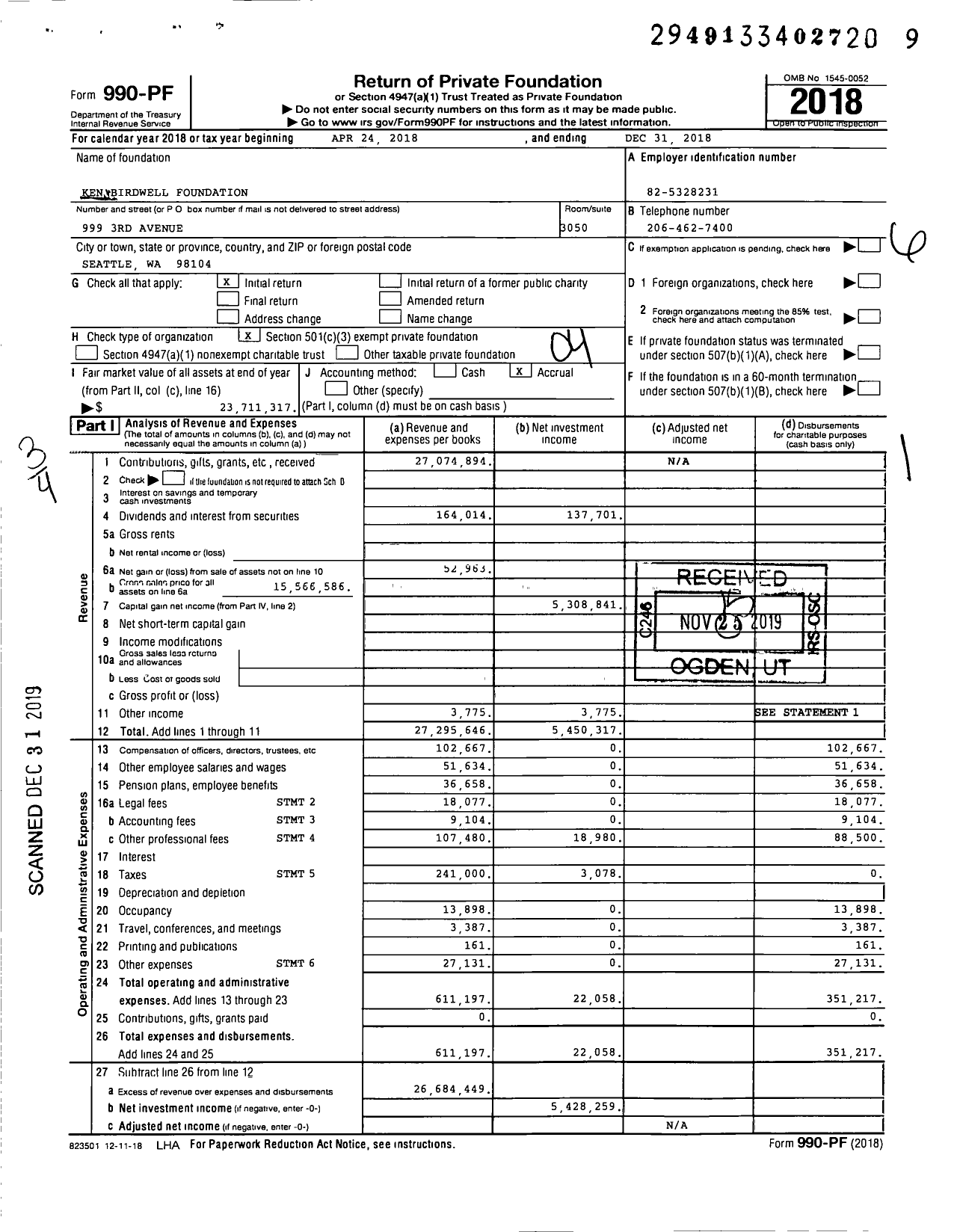 Image of first page of 2018 Form 990PF for Ken Birdwell Foundation