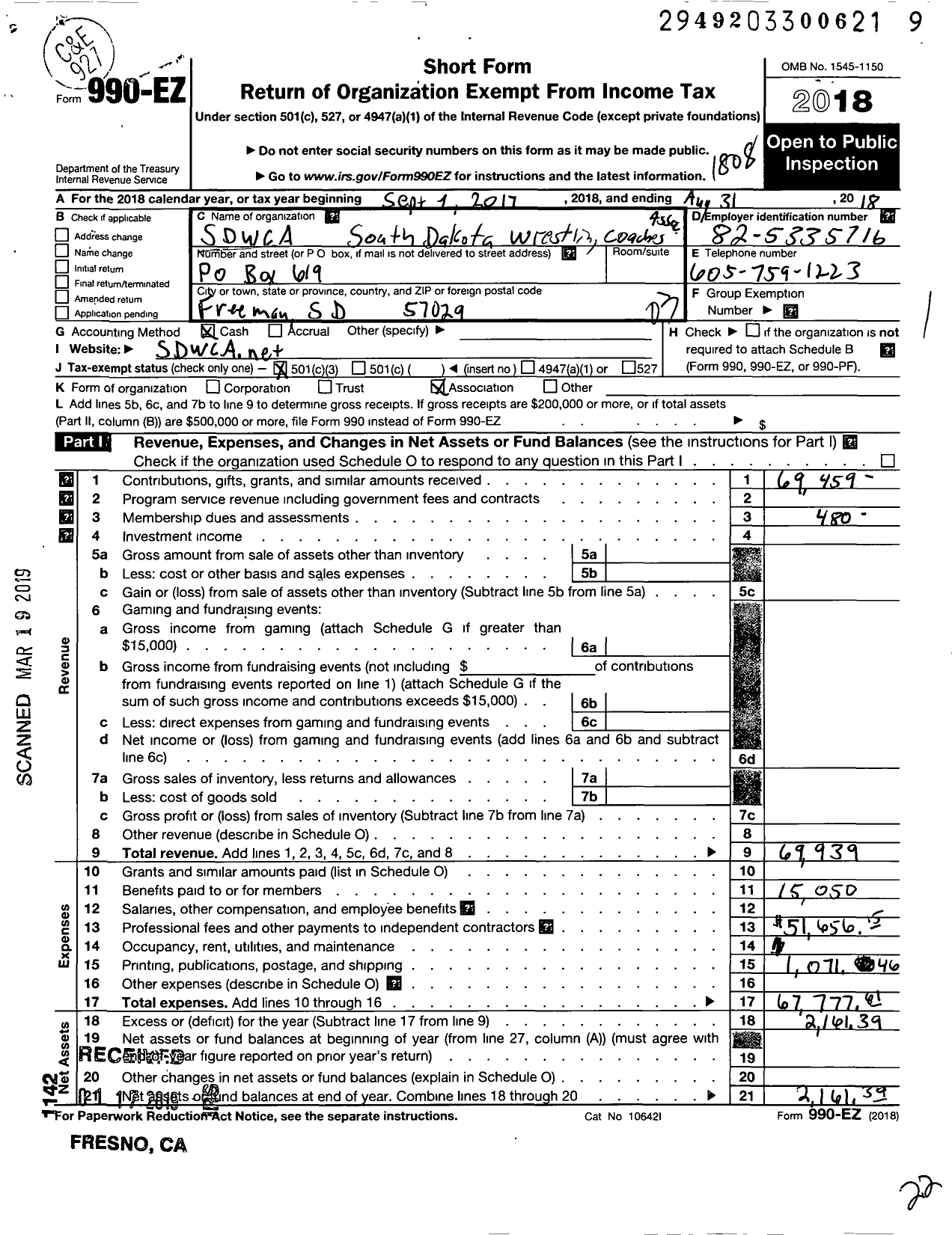 Image of first page of 2017 Form 990EZ for Amateur Athletic Union - South Dakota Wrestling Coaches Assn