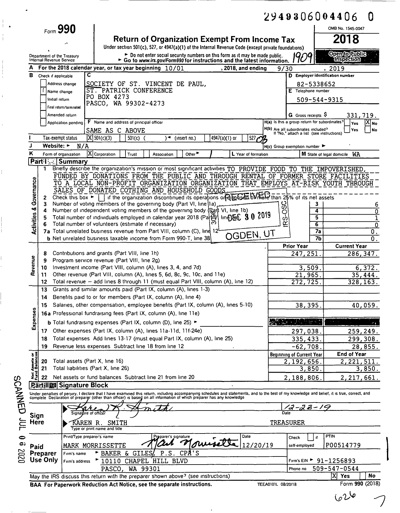 Image of first page of 2018 Form 990 for Society of St Vincent de Paul St Patrick Conference