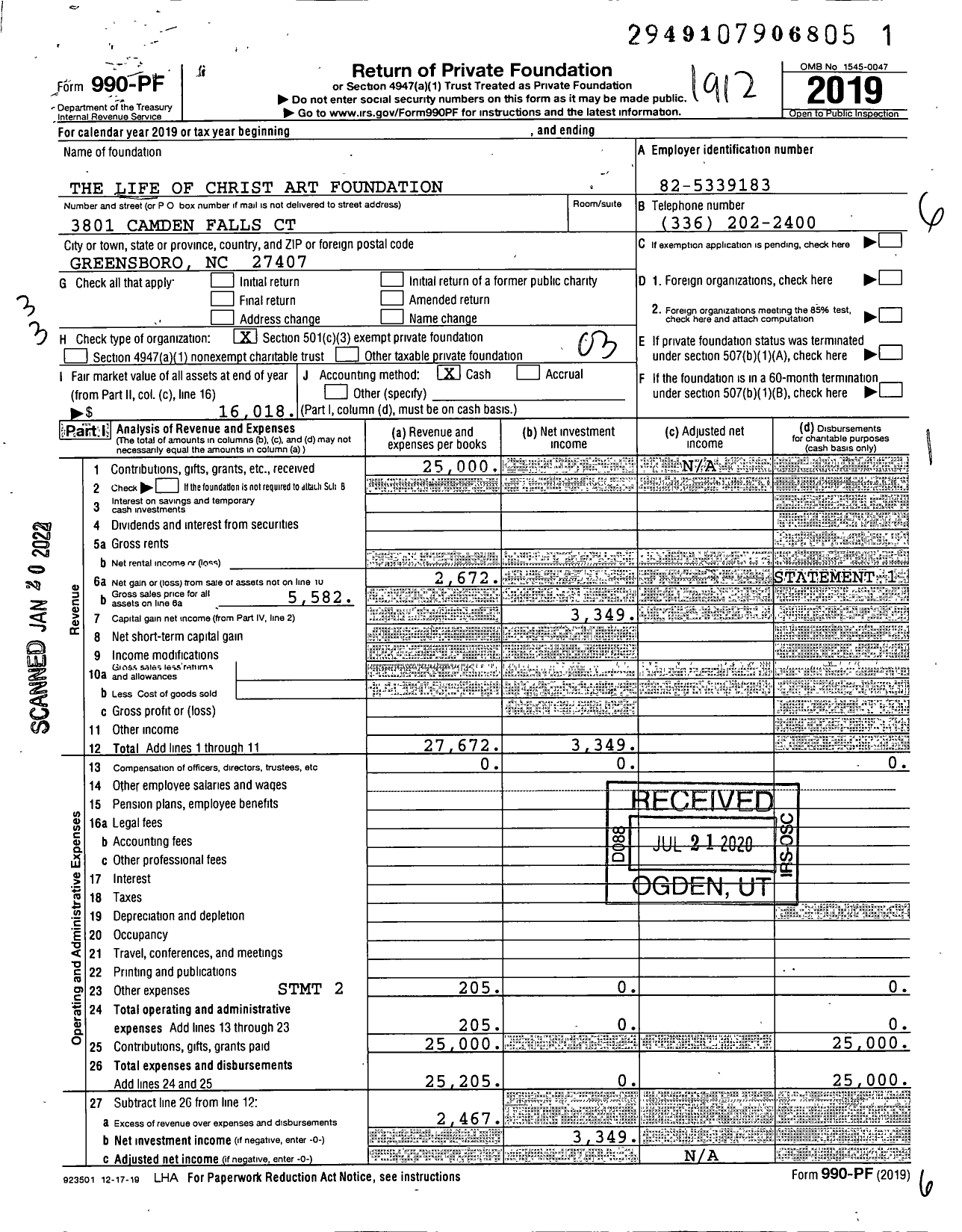 Image of first page of 2019 Form 990PF for The Life of Christ Art Foundation