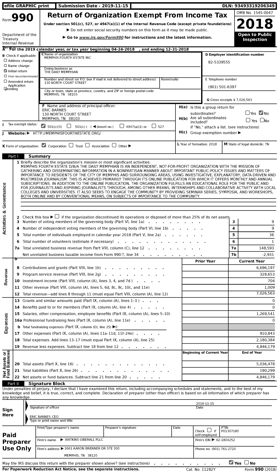 Image of first page of 2018 Form 990 for The Daily Memphian