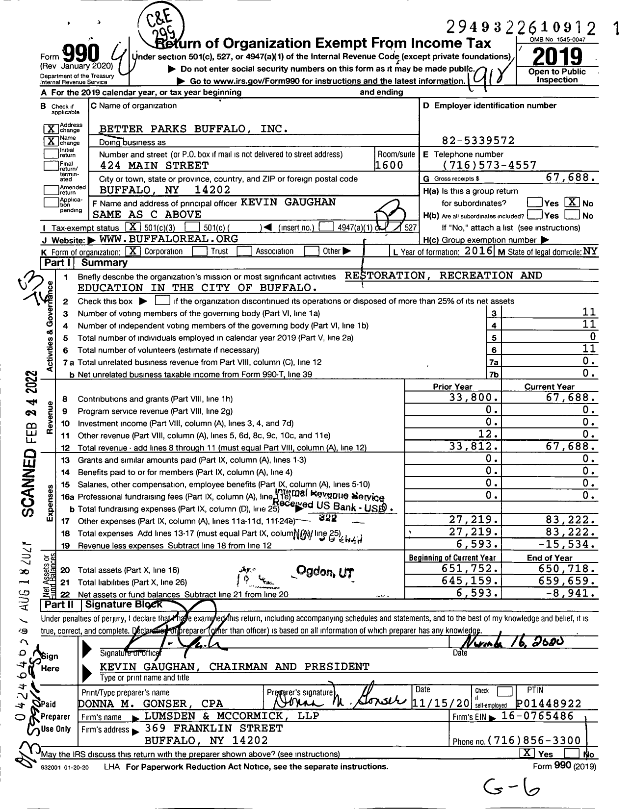 Image of first page of 2019 Form 990 for Better Parks Buffalo