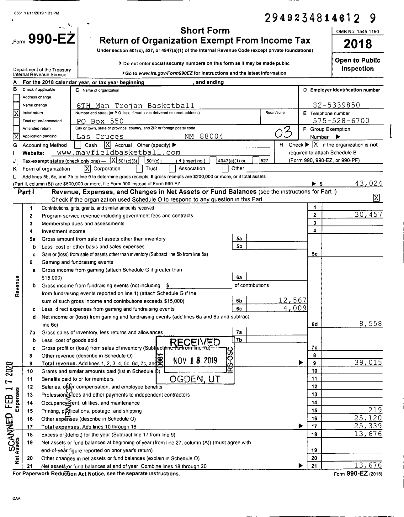 Image of first page of 2018 Form 990EZ for 6th Man Trojan Basketball