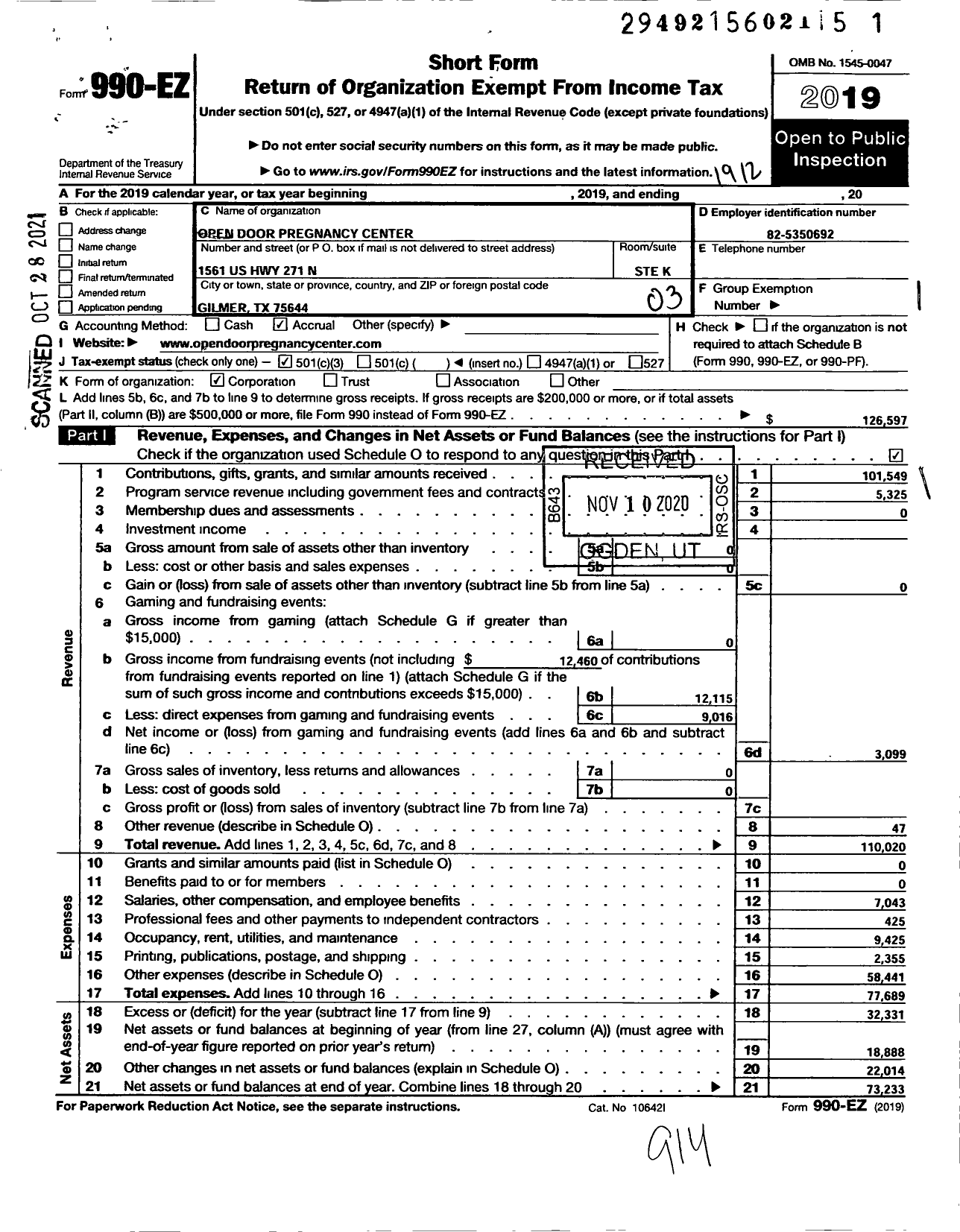 Image of first page of 2019 Form 990EZ for Open Door Pregnancy Center