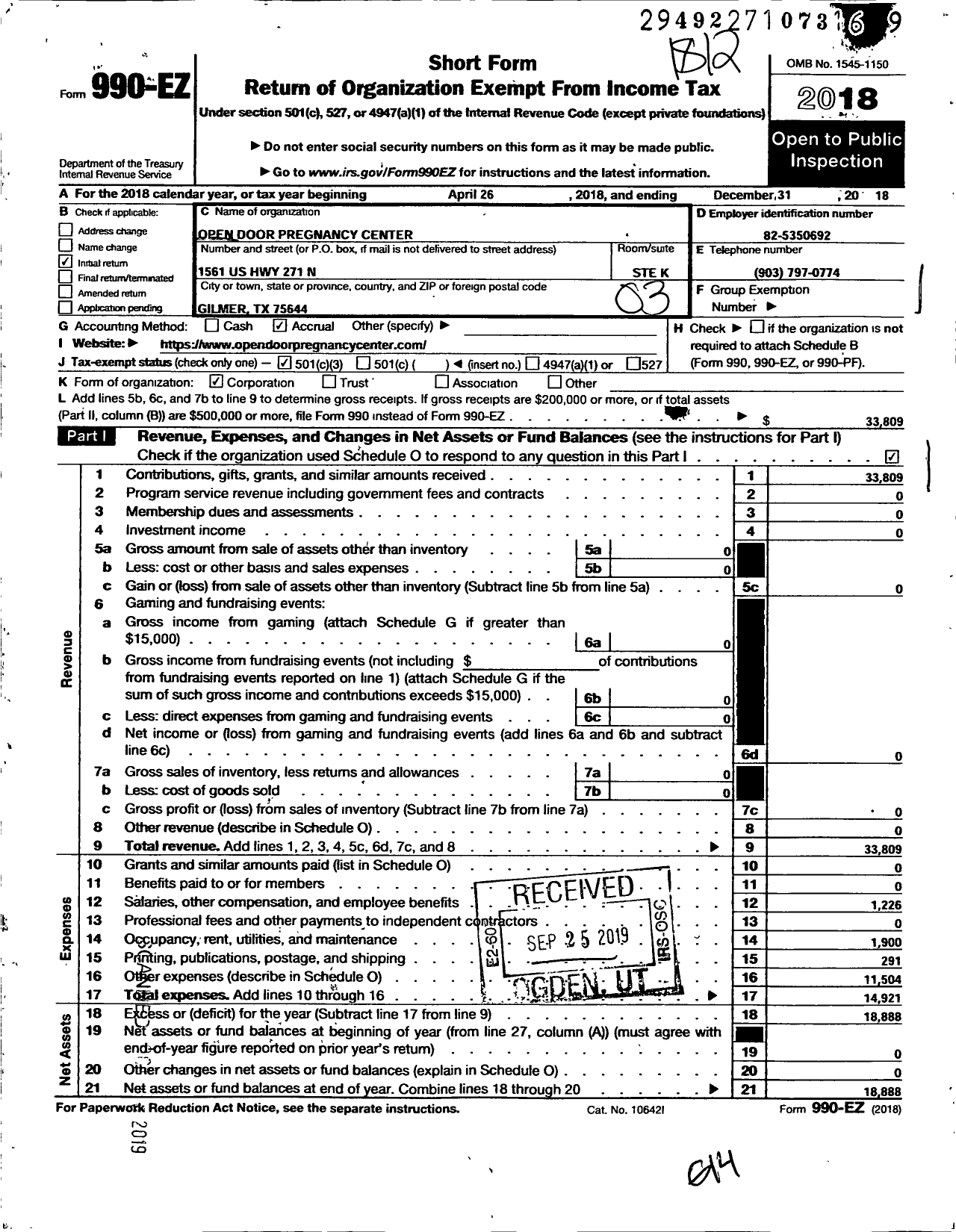 Image of first page of 2018 Form 990EZ for Open Door Pregnancy Center