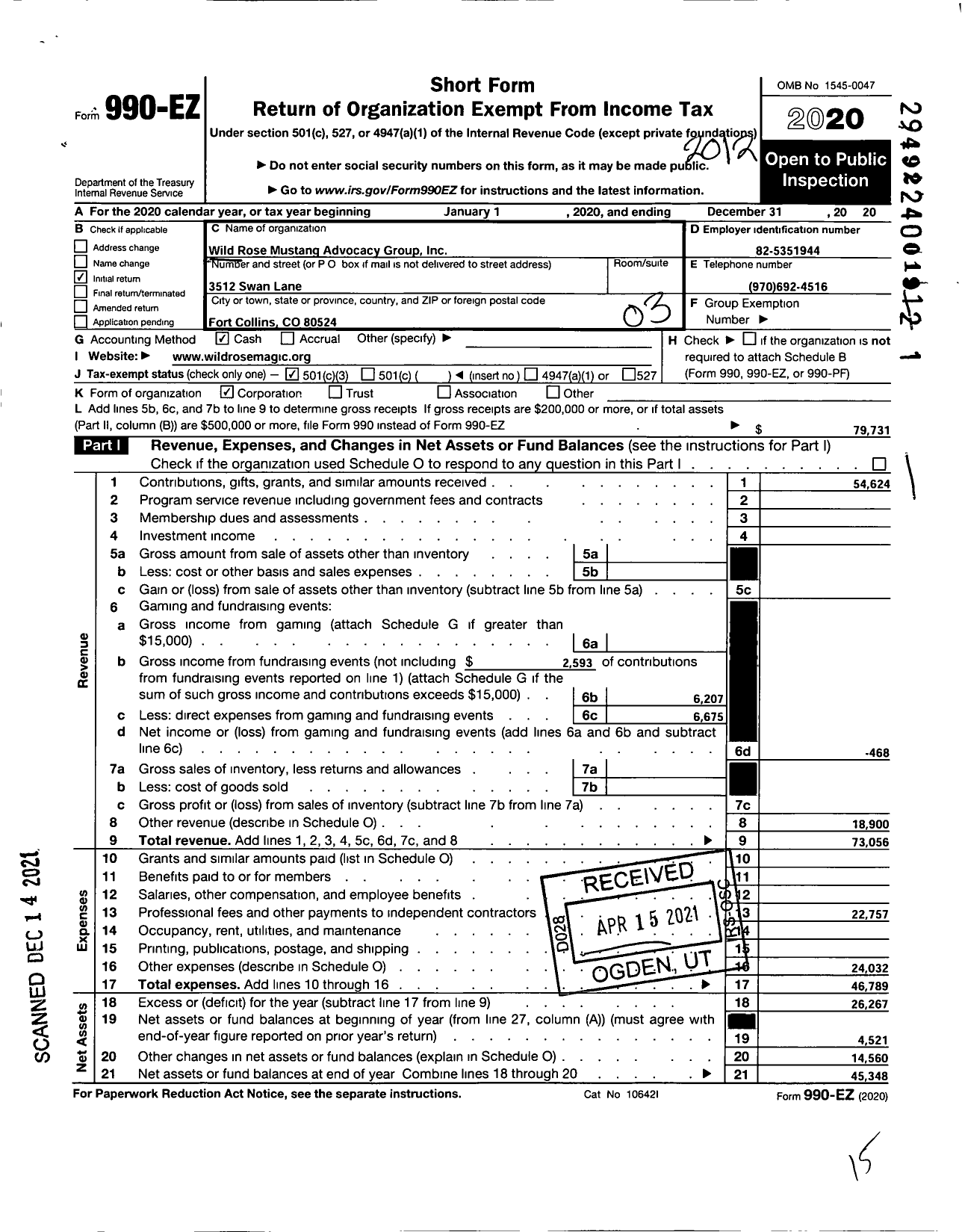 Image of first page of 2020 Form 990EZ for Wild Rose Mustang Advocacy Group