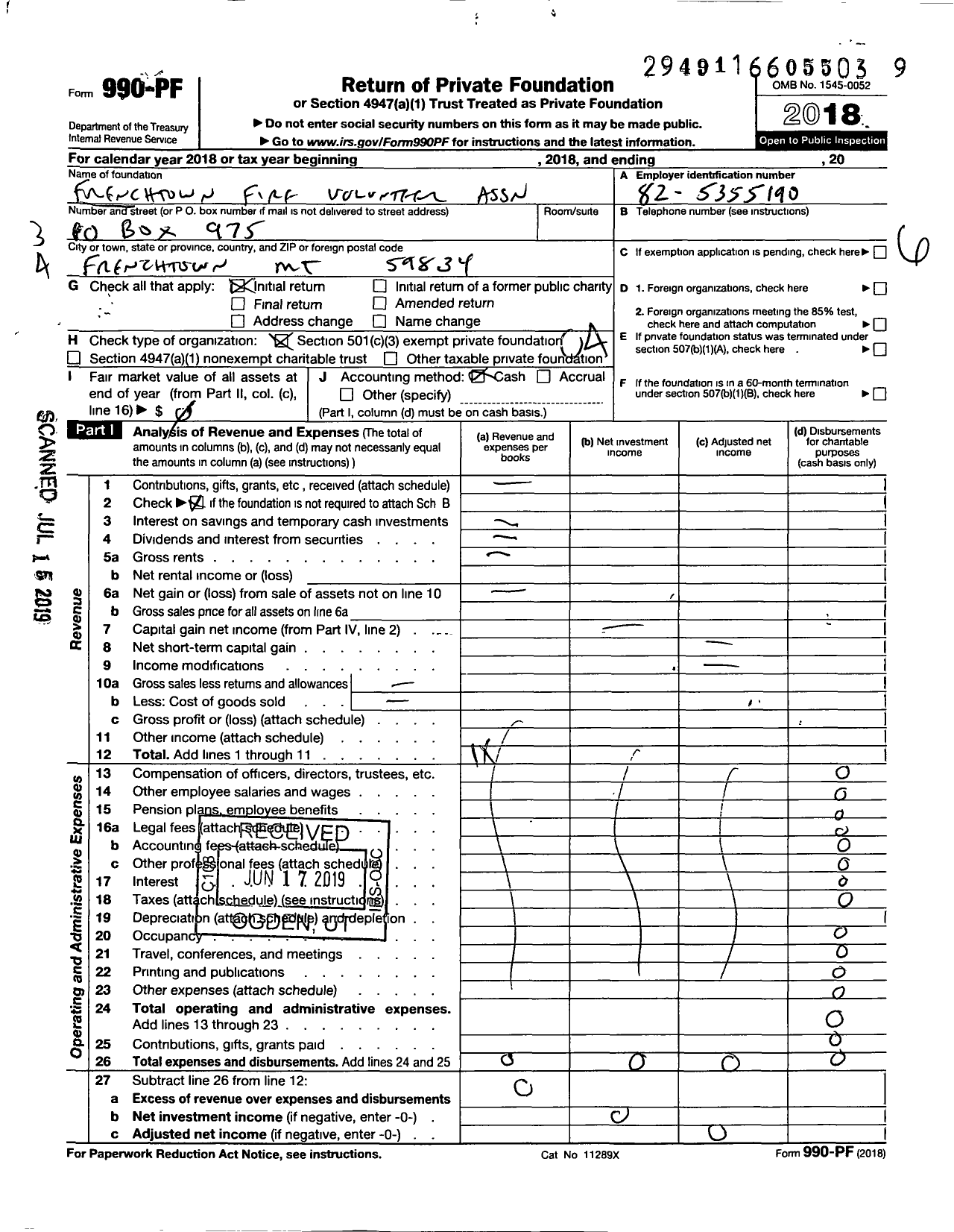 Image of first page of 2018 Form 990PF for Frenchtown Fire Volunteer Association