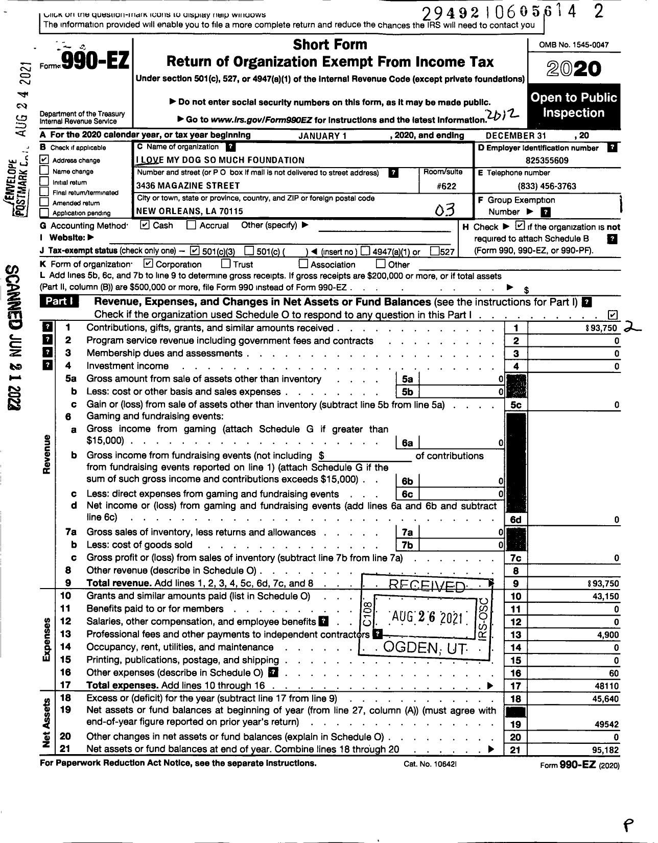 Image of first page of 2020 Form 990EZ for I Love My Dog So Much Foundation