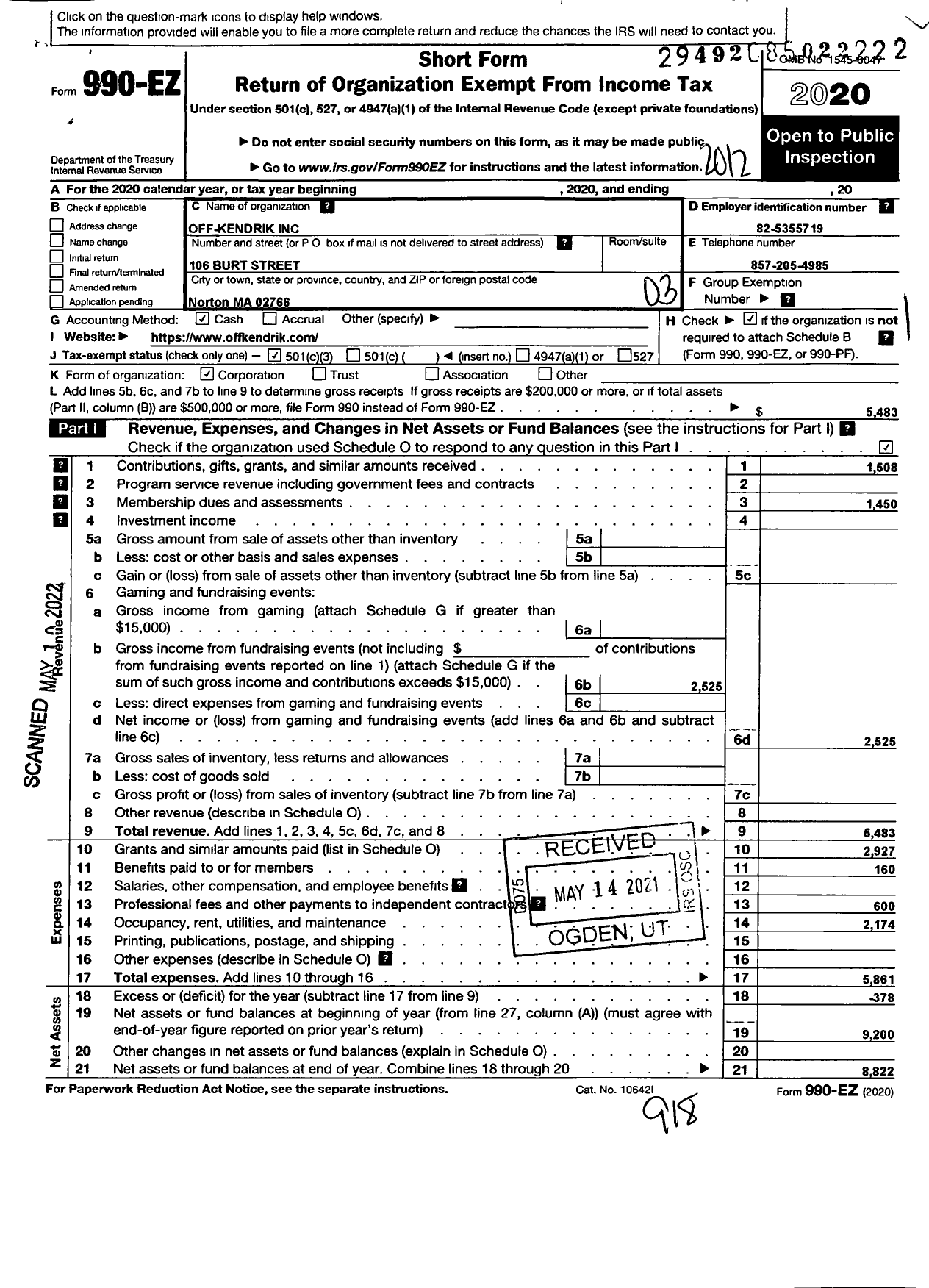 Image of first page of 2020 Form 990EZ for Off-Kendrik