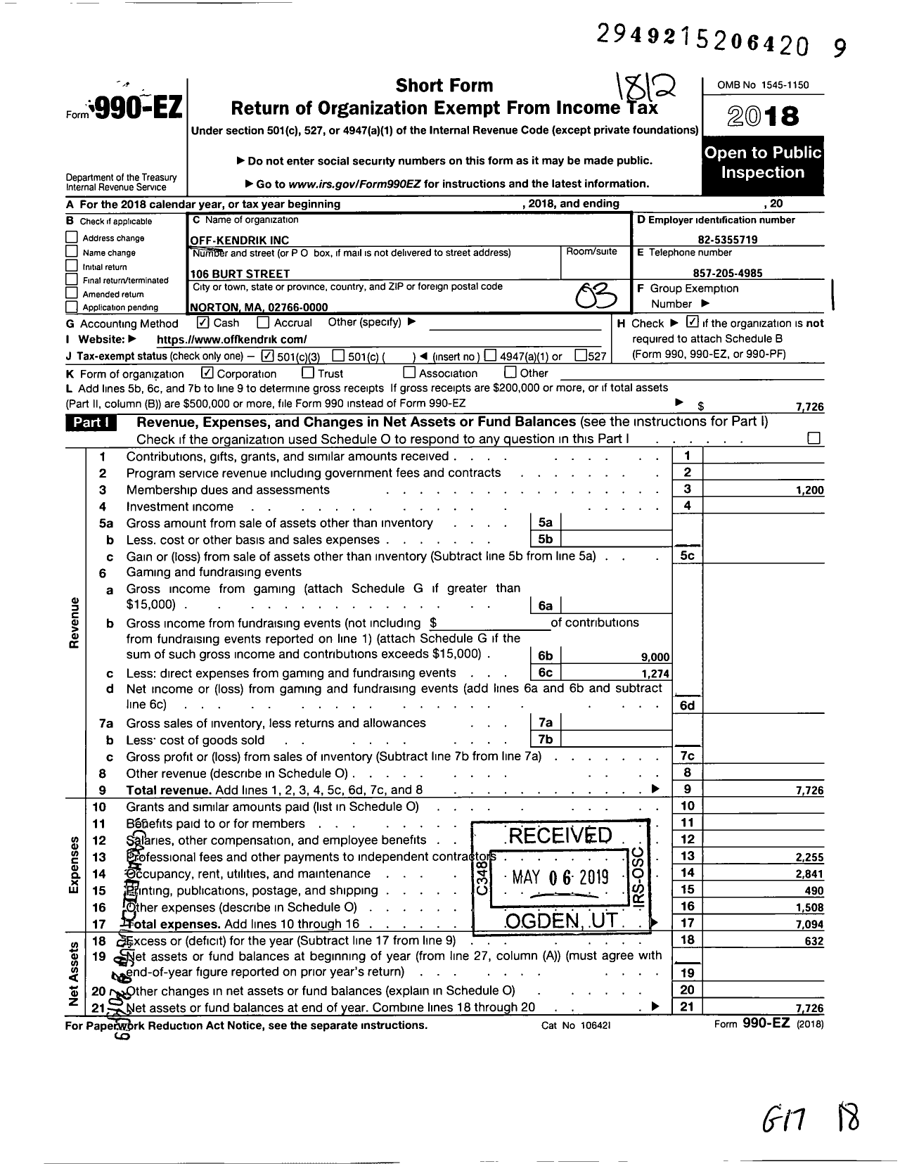 Image of first page of 2018 Form 990EZ for Off-Kendrik