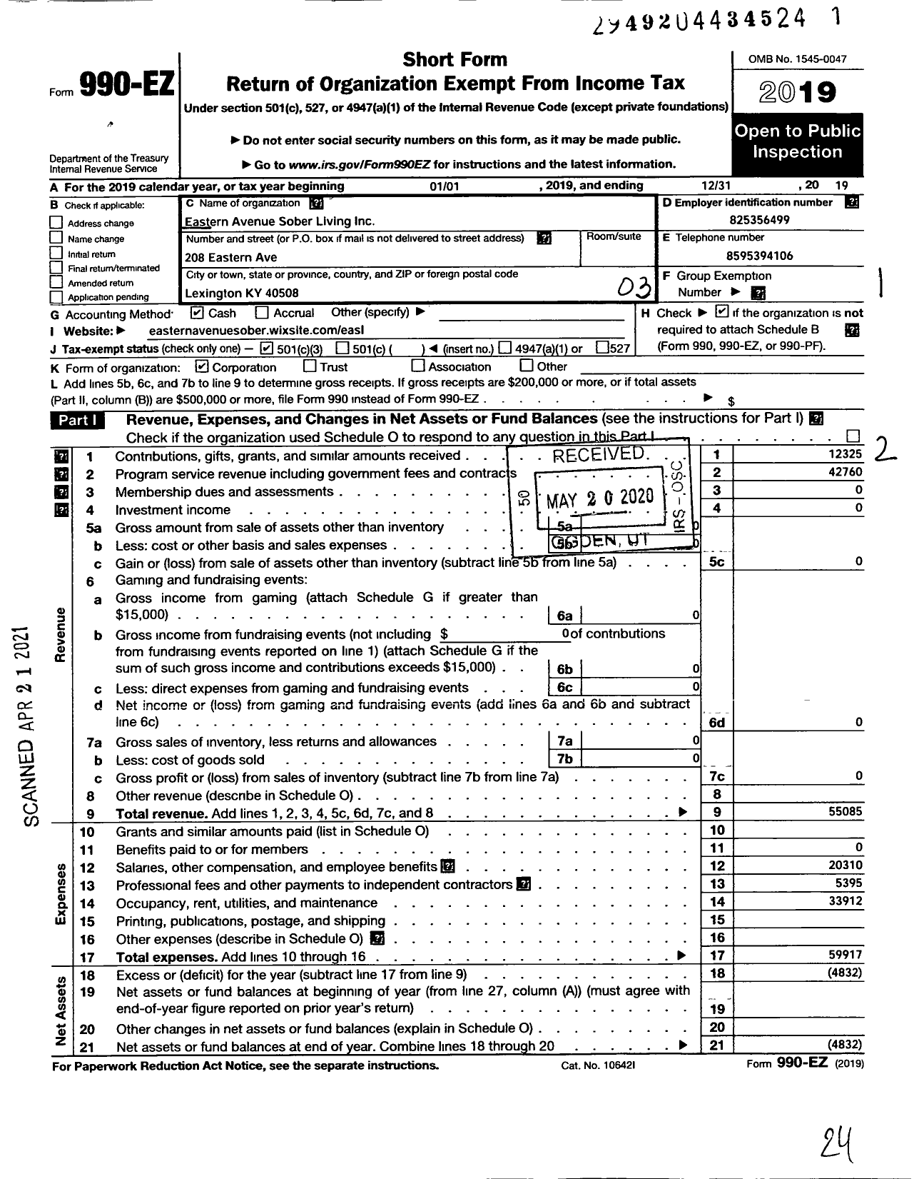 Image of first page of 2019 Form 990EZ for Eastern Avenue Sober Living