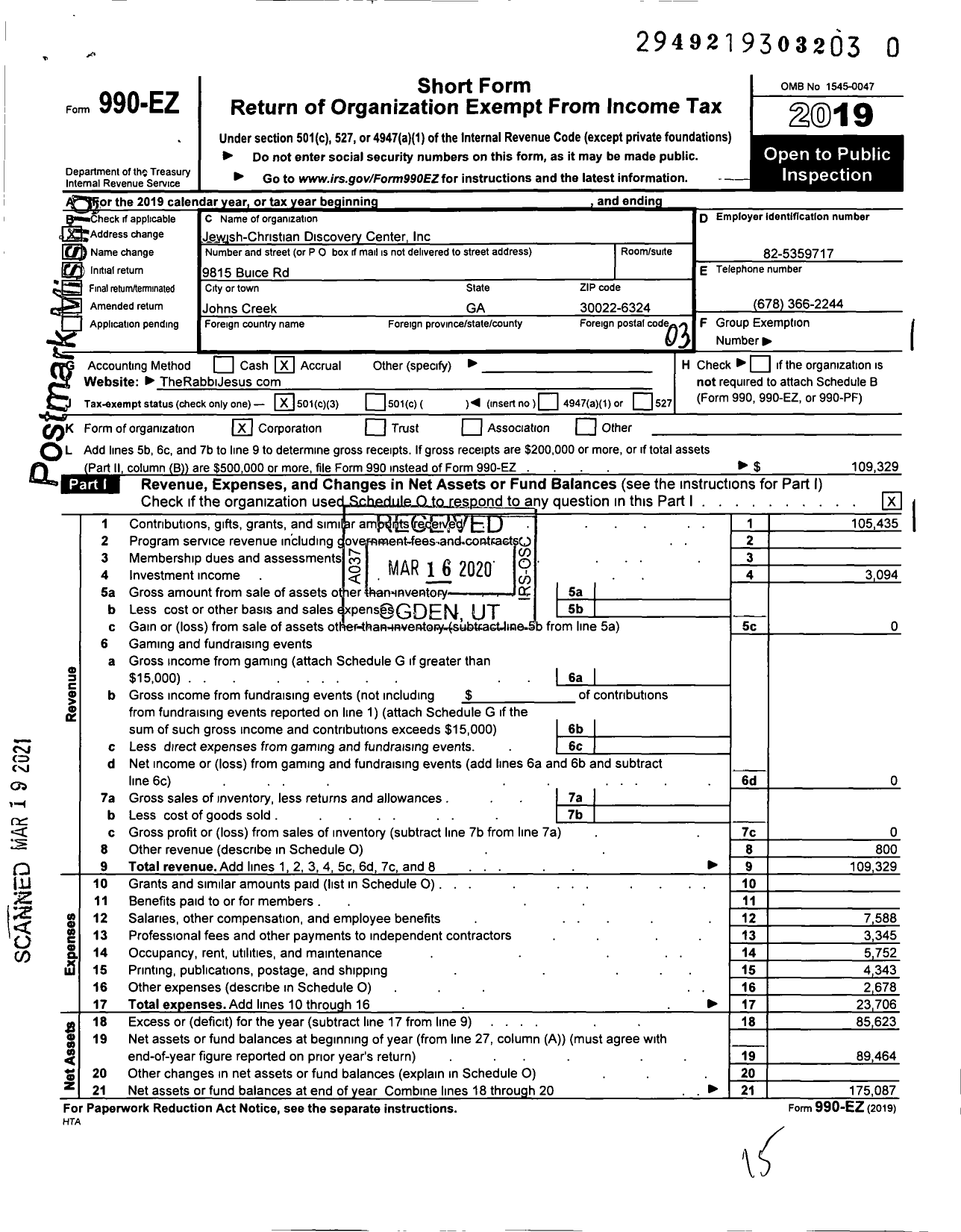 Image of first page of 2019 Form 990EZ for Jewish-Christian Discovery Center