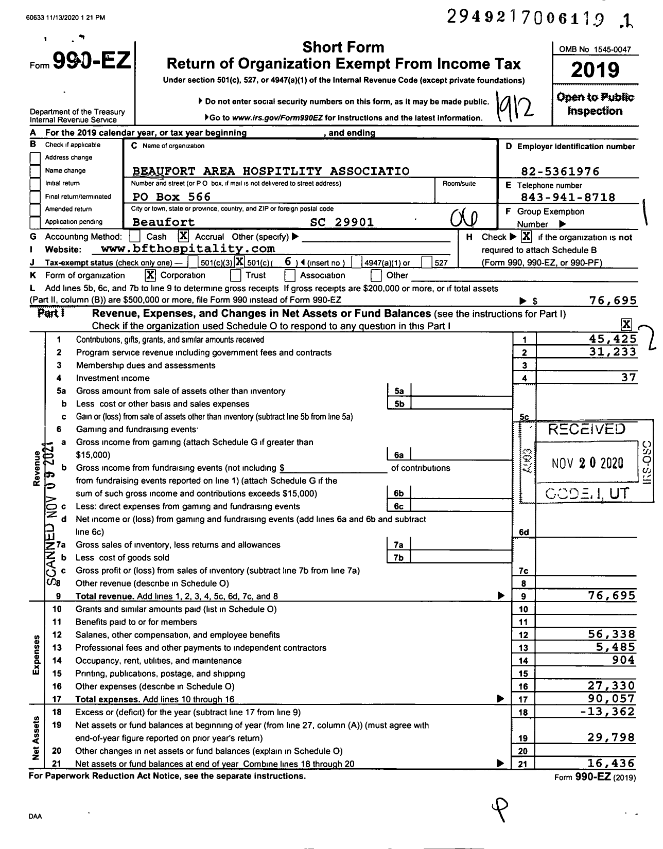 Image of first page of 2019 Form 990EO for Beaufort Area Hospitality Association