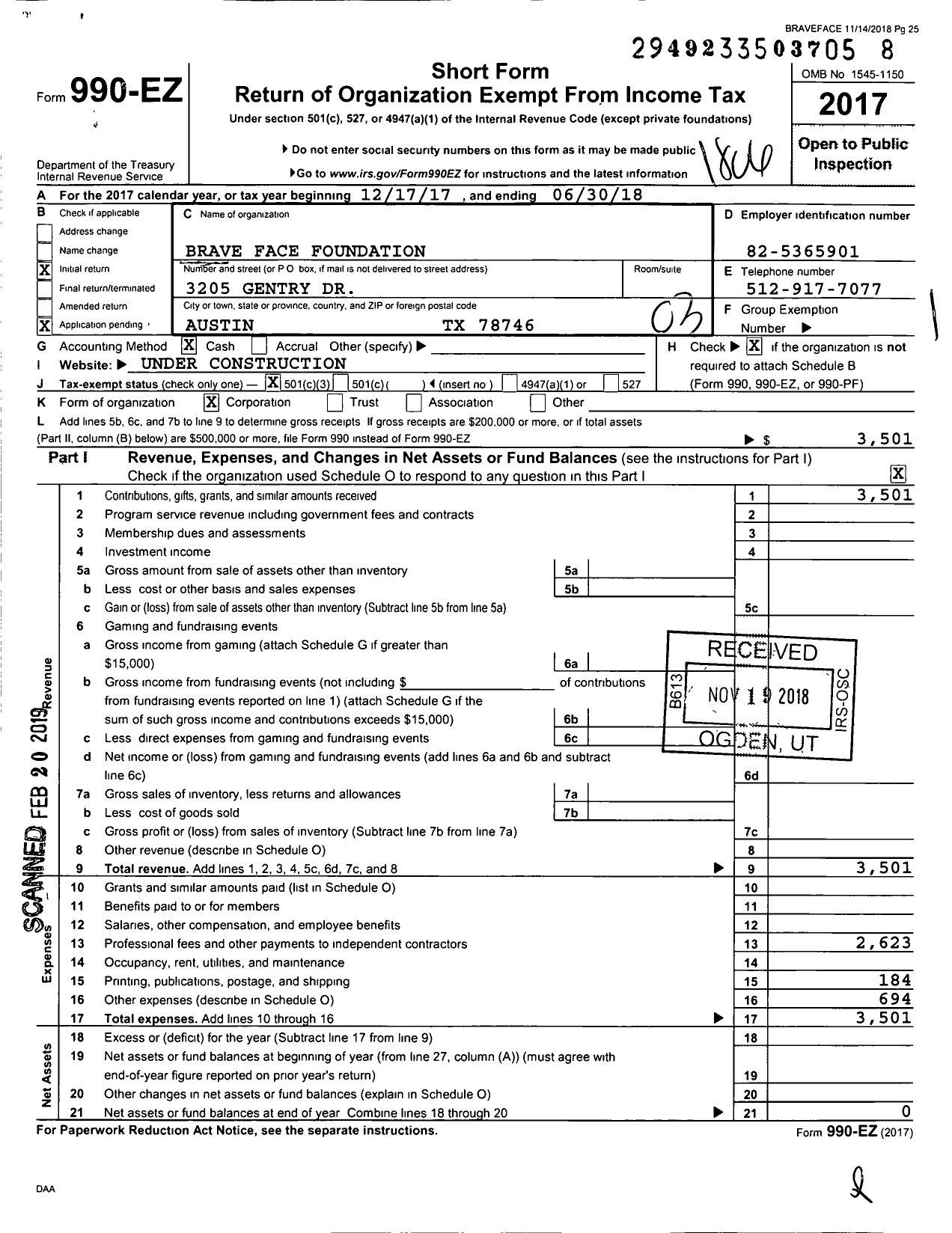 Image of first page of 2017 Form 990EZ for Brave Face Foundation