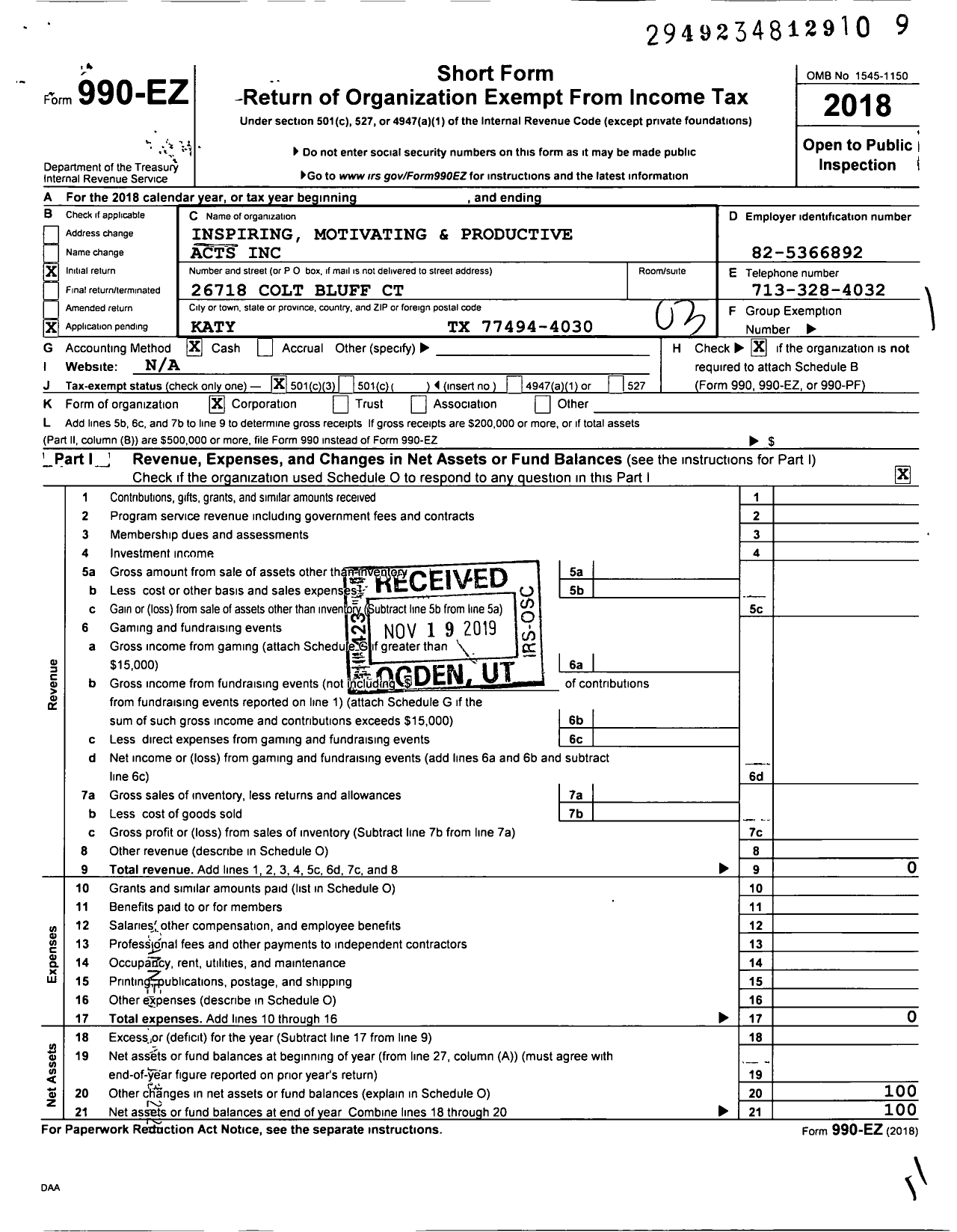 Image of first page of 2018 Form 990EZ for Inspiring Motivating and Productive Acts