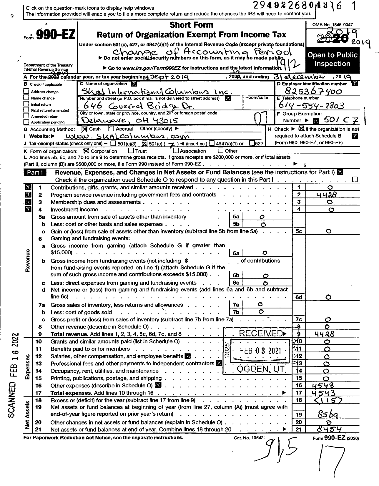 Image of first page of 2019 Form 990EO for Skal International Columbus