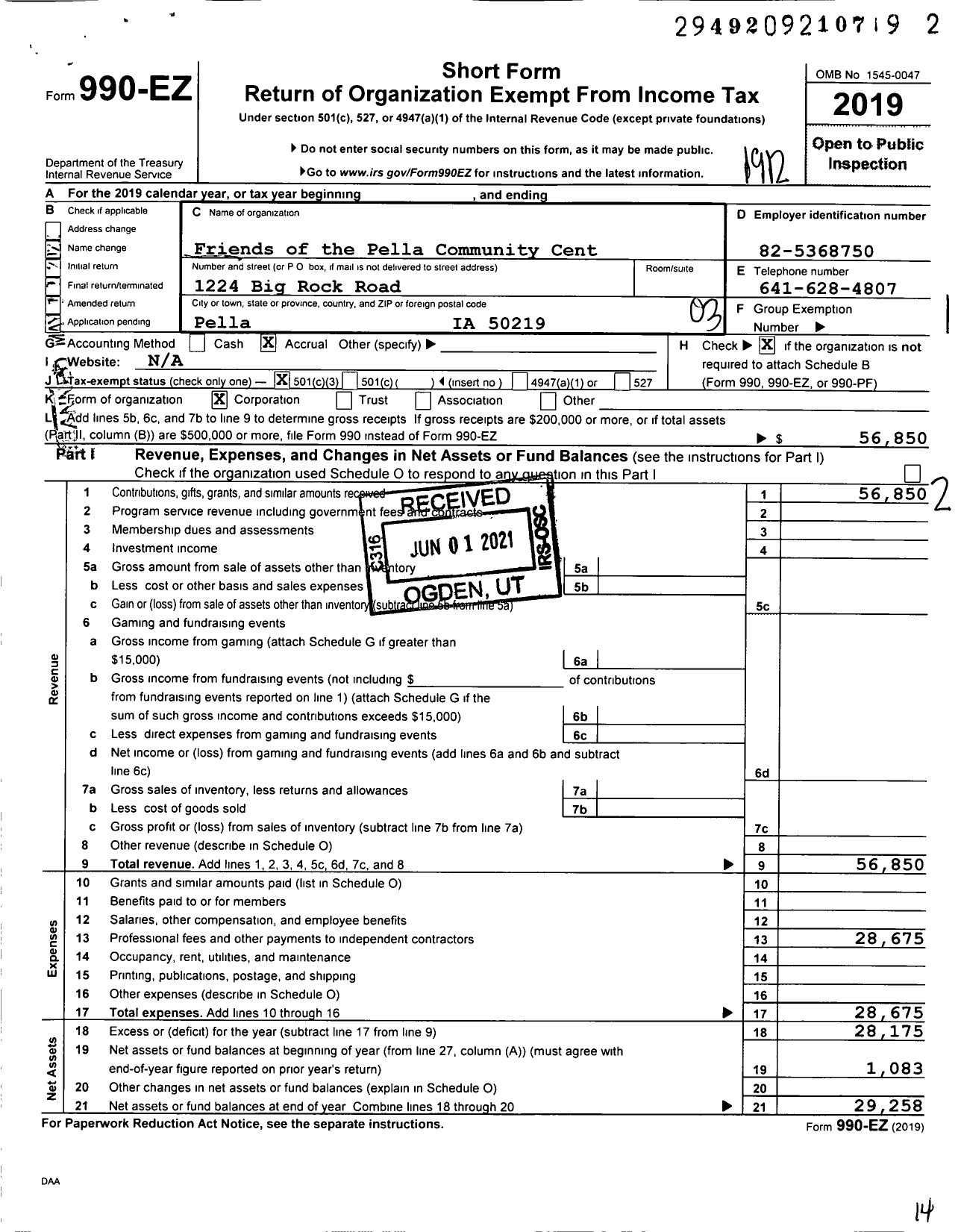 Image of first page of 2019 Form 990EZ for Friends of the Pella Community Center