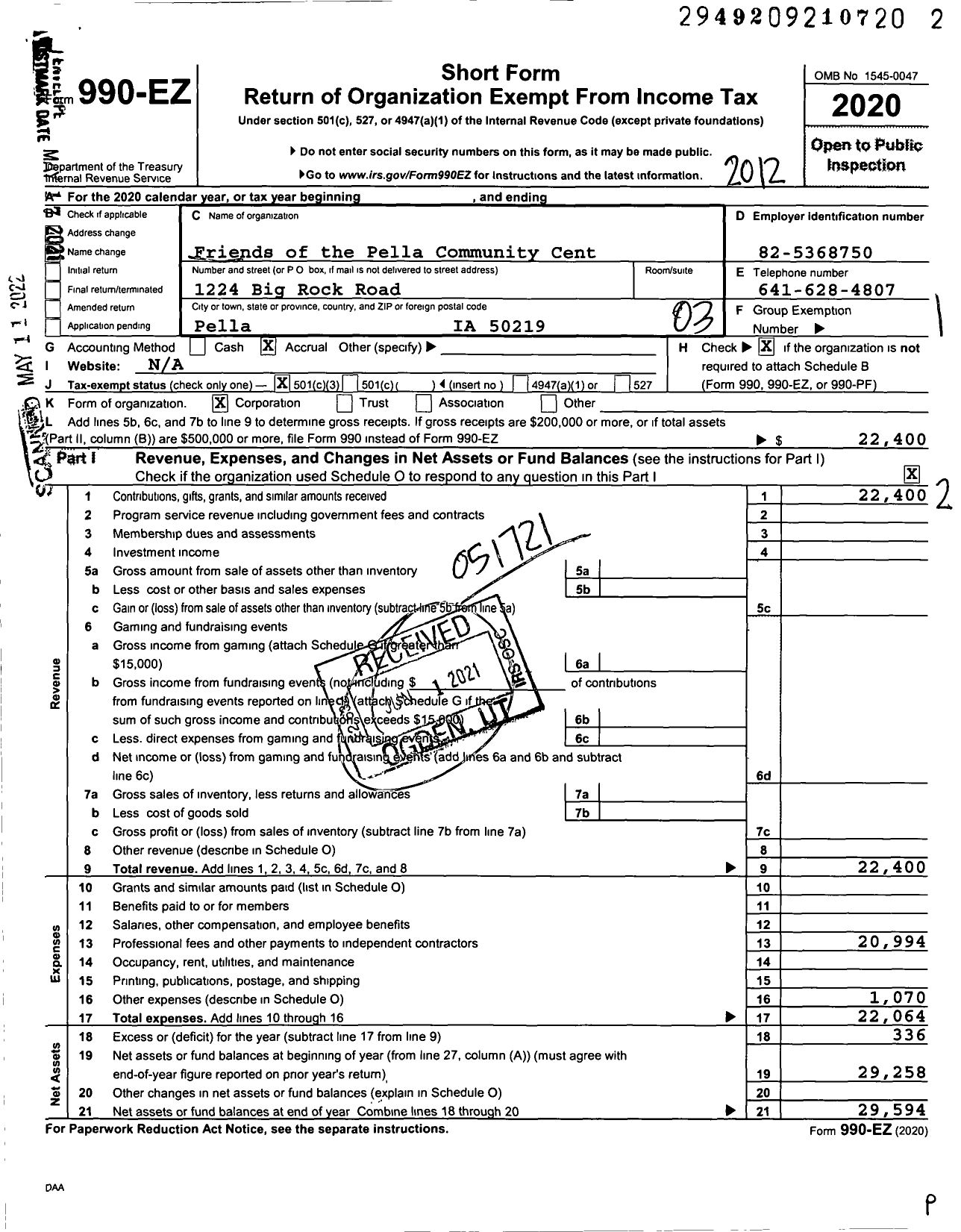 Image of first page of 2020 Form 990EZ for Friends of the Pella Community Center