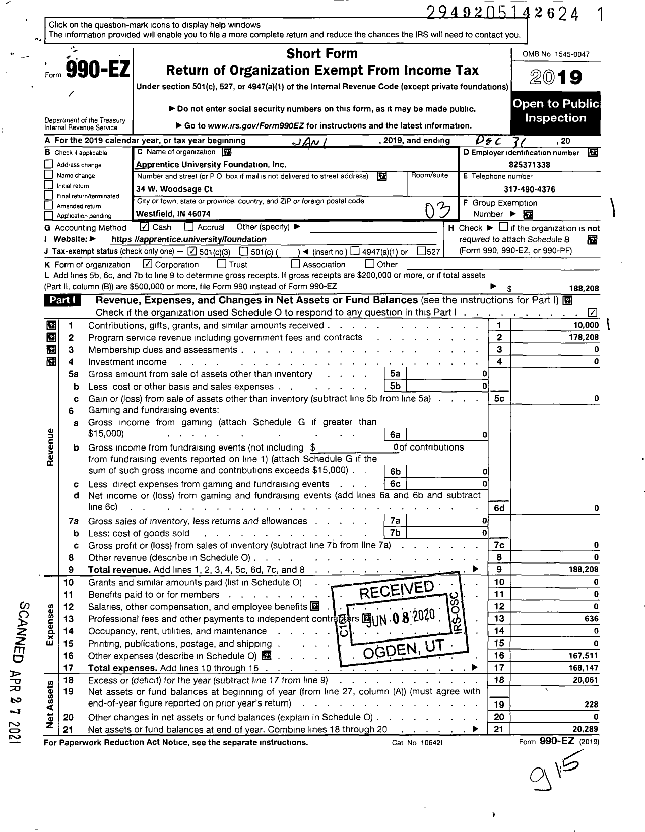 Image of first page of 2019 Form 990EZ for Apprentice University Foundation