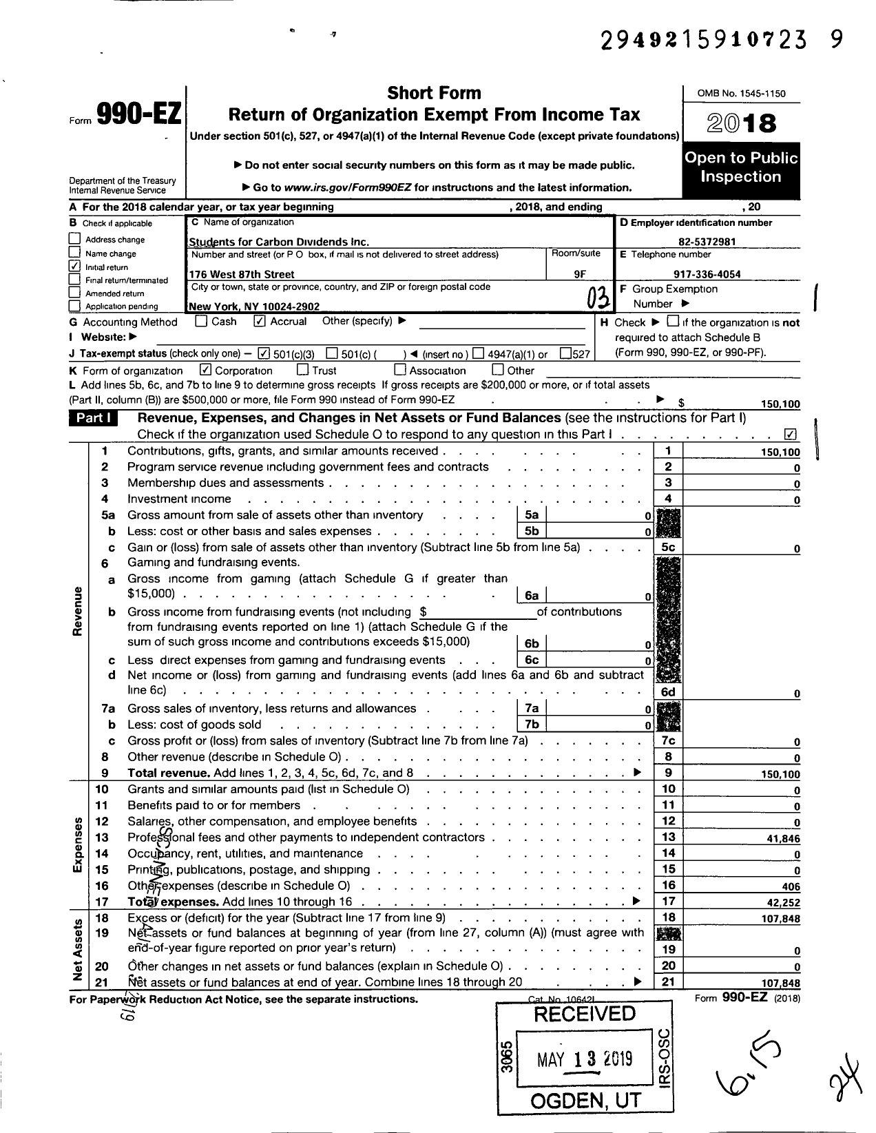 Image of first page of 2018 Form 990EZ for Students for Carbon Dividends