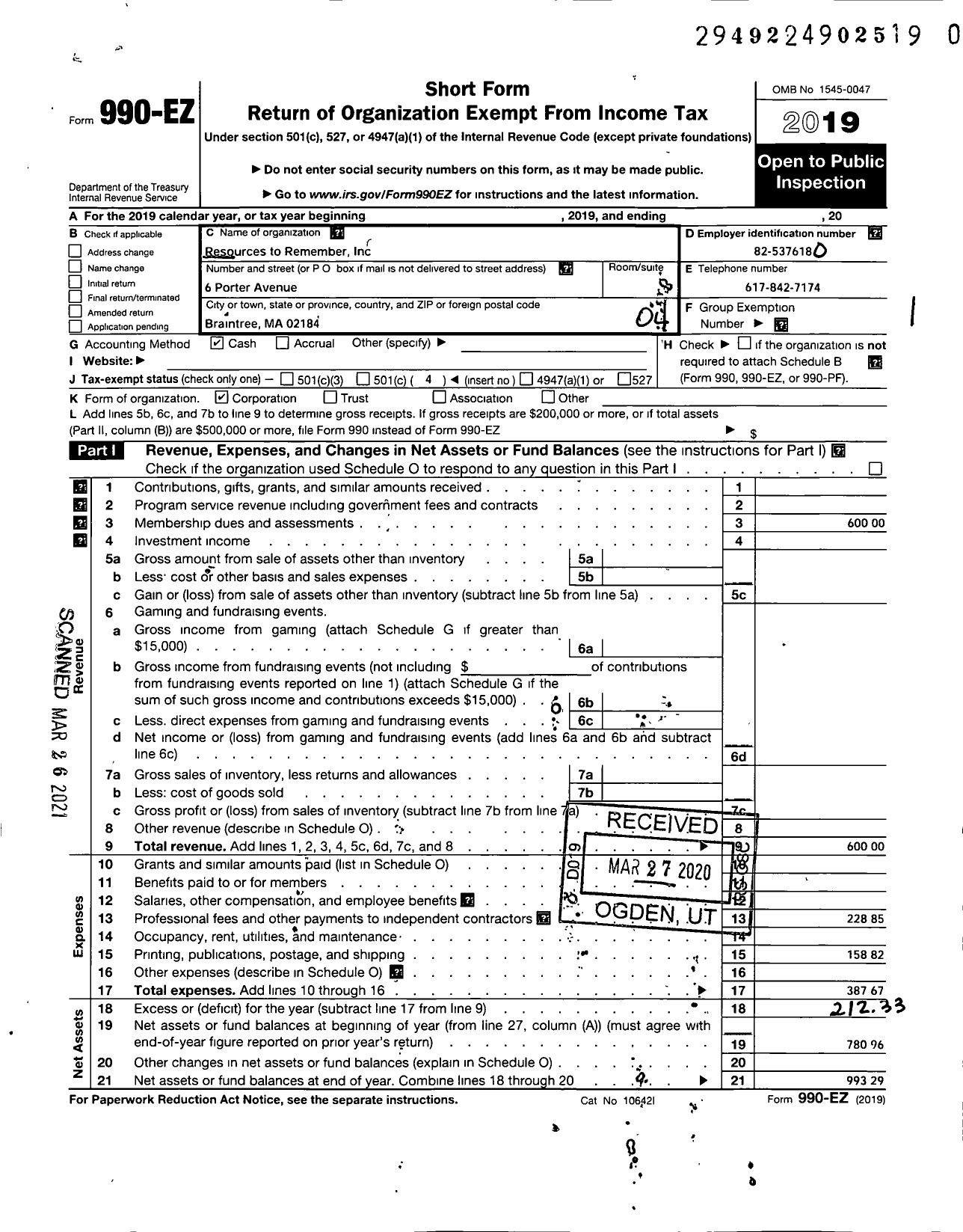 Image of first page of 2019 Form 990EO for Resources To Remember