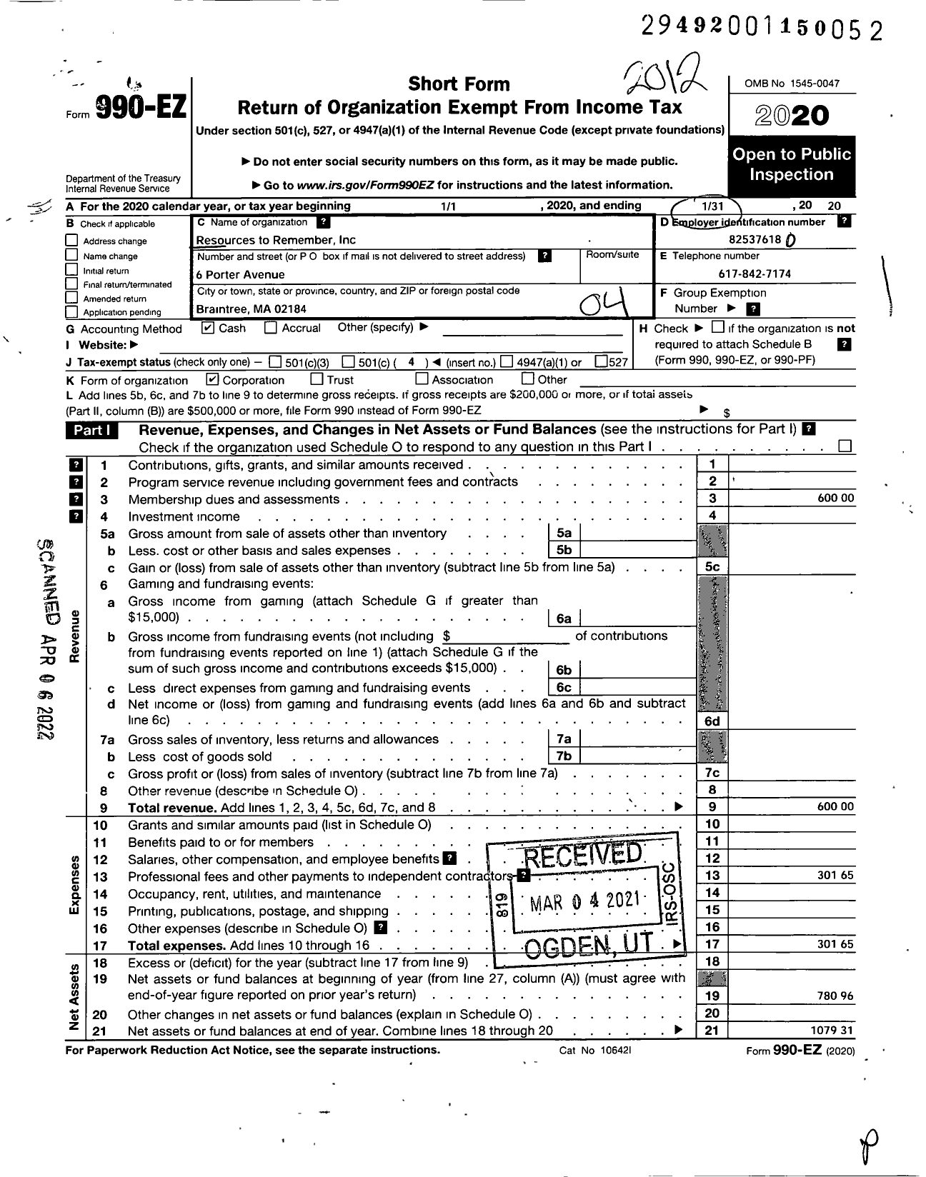 Image of first page of 2020 Form 990EO for Resources To Remember