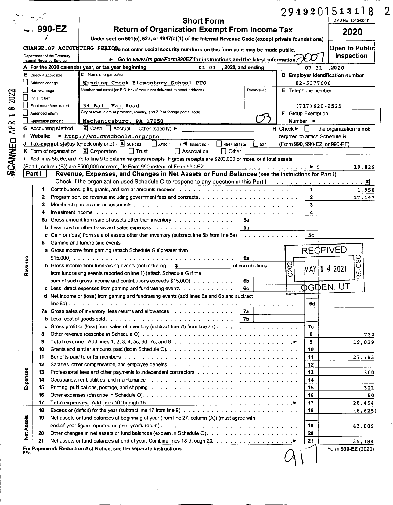 Image of first page of 2019 Form 990EZ for Winding Creek Elementary School PTO