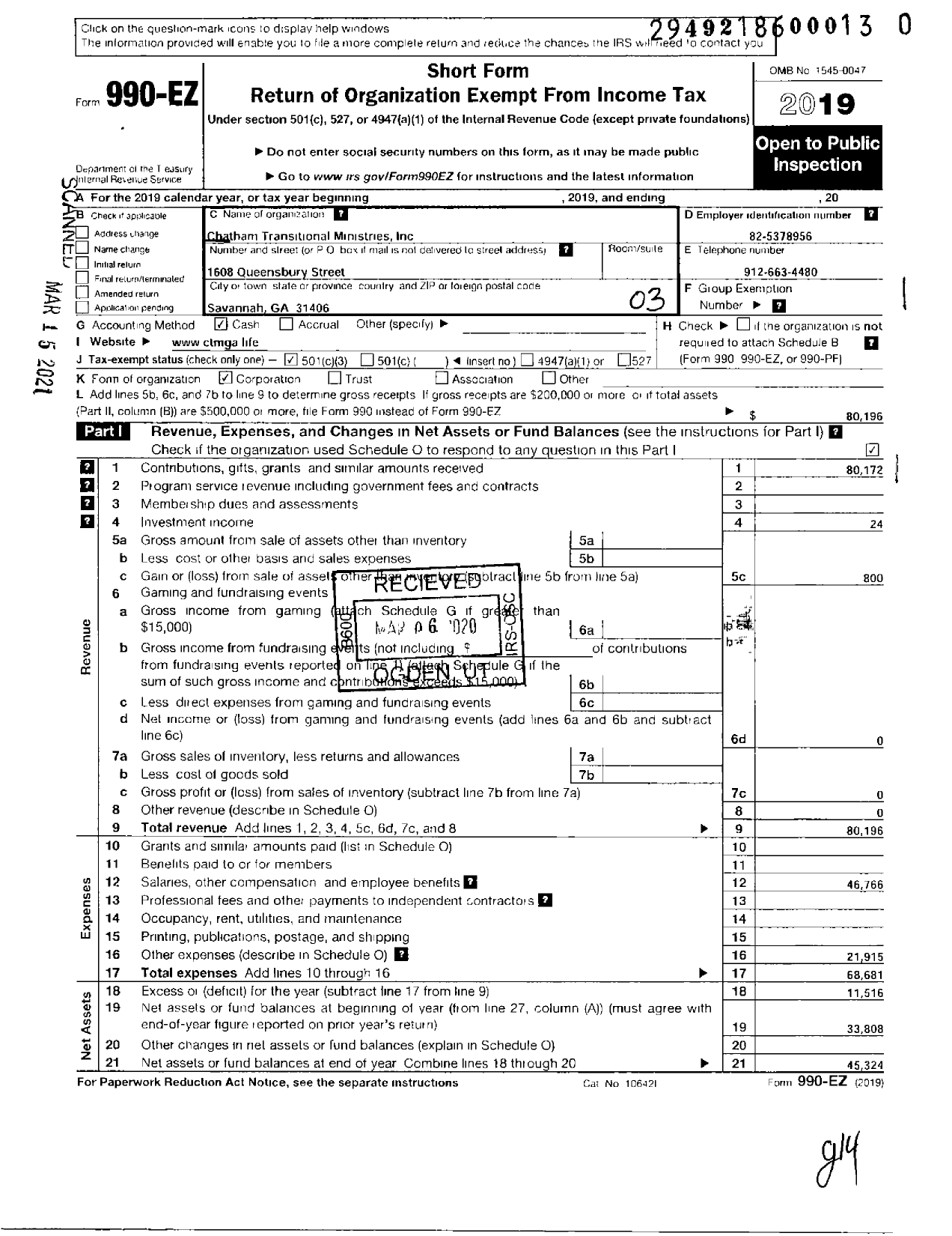 Image of first page of 2019 Form 990EZ for Chatham Transitional Ministries