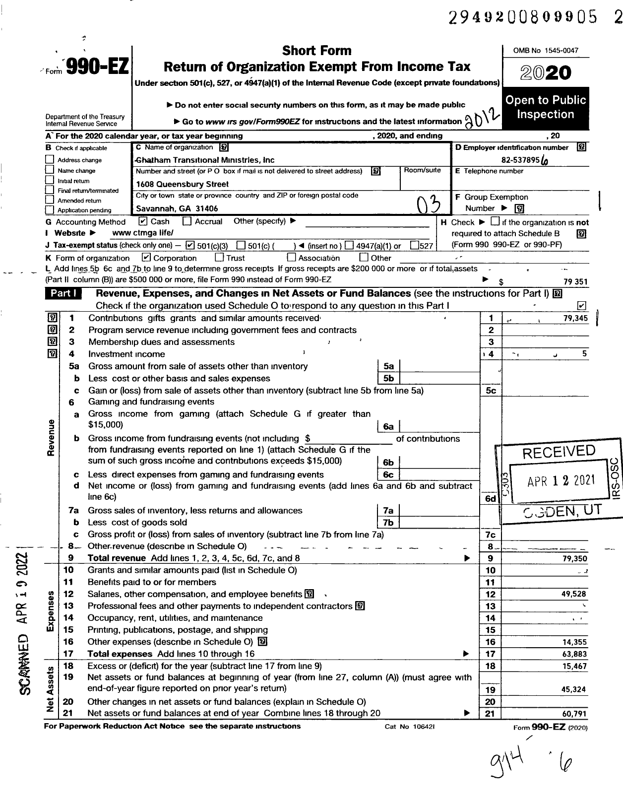 Image of first page of 2020 Form 990EZ for Chatham Transitional Ministries