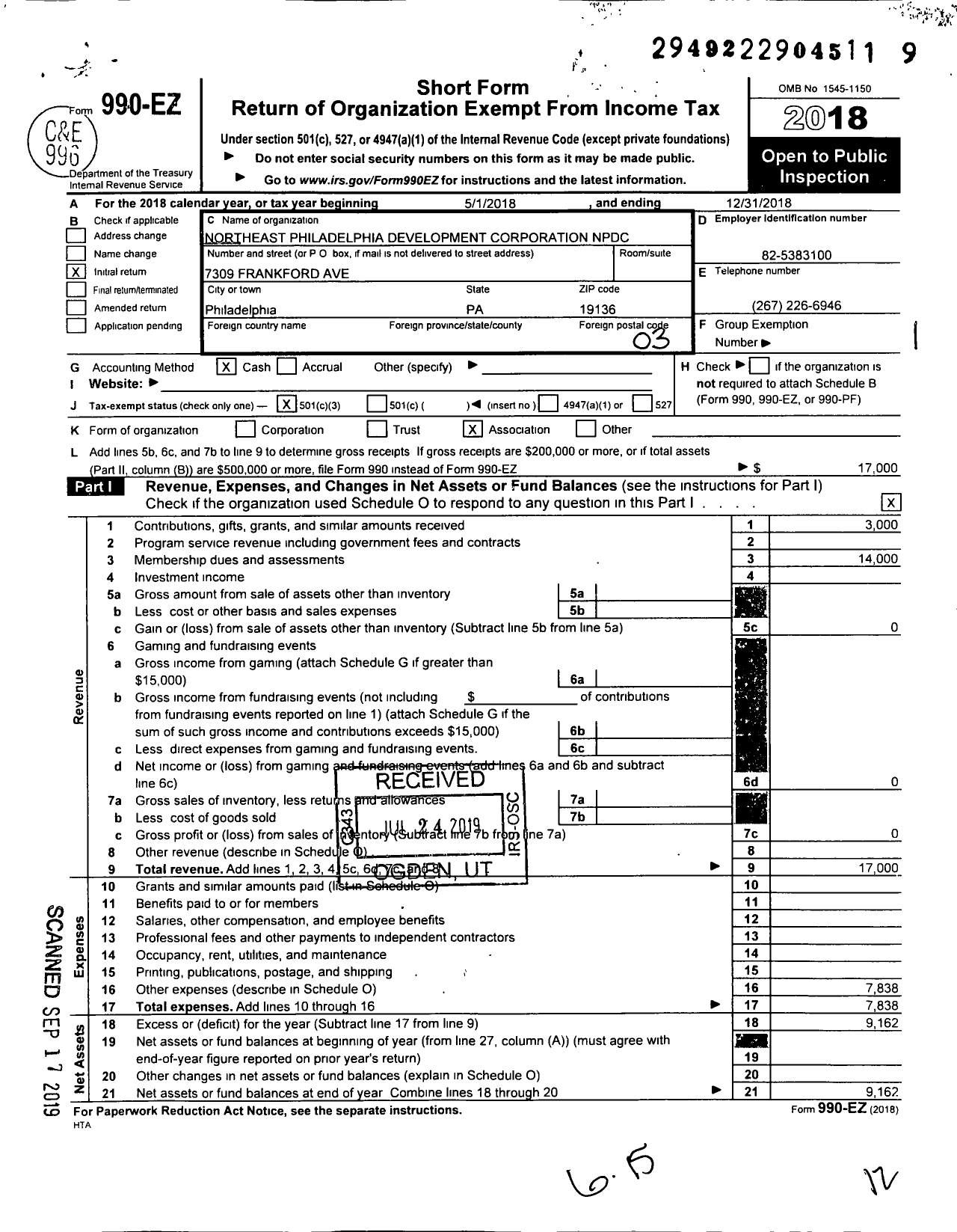 Image of first page of 2018 Form 990EZ for Northeast Philadelphia Development Corporation (NPDC)