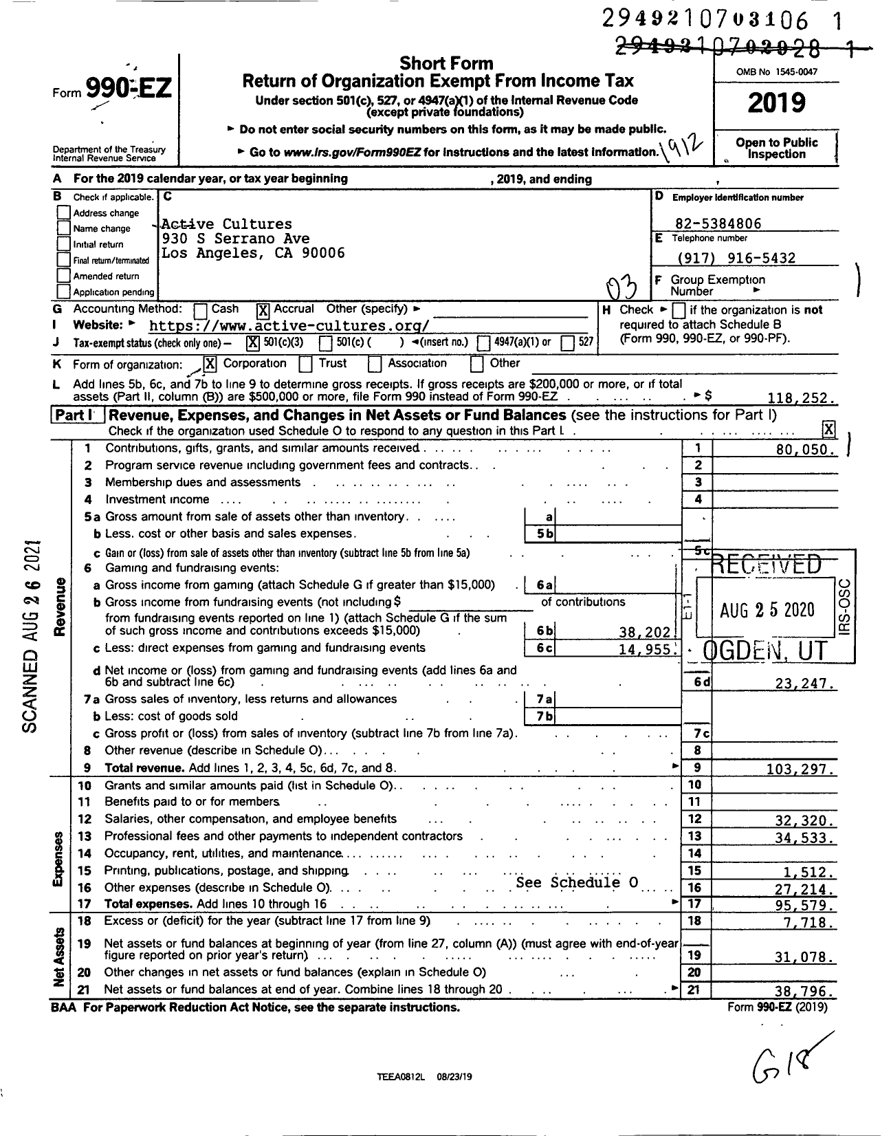 Image of first page of 2019 Form 990EZ for Active Cultures